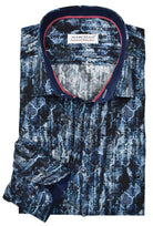 Enhance your wardrobe with this abstract printed shirt featuring a hues of warm indigo and navy. The luxuriously soft cotton composition, paired with matching trim fabric and accent red neck taping, infuses extra flair. The iconic design boasts a mix of geometric shapes and floating paisleys. Additional details include matched buttons and a classic shaped silhouette.