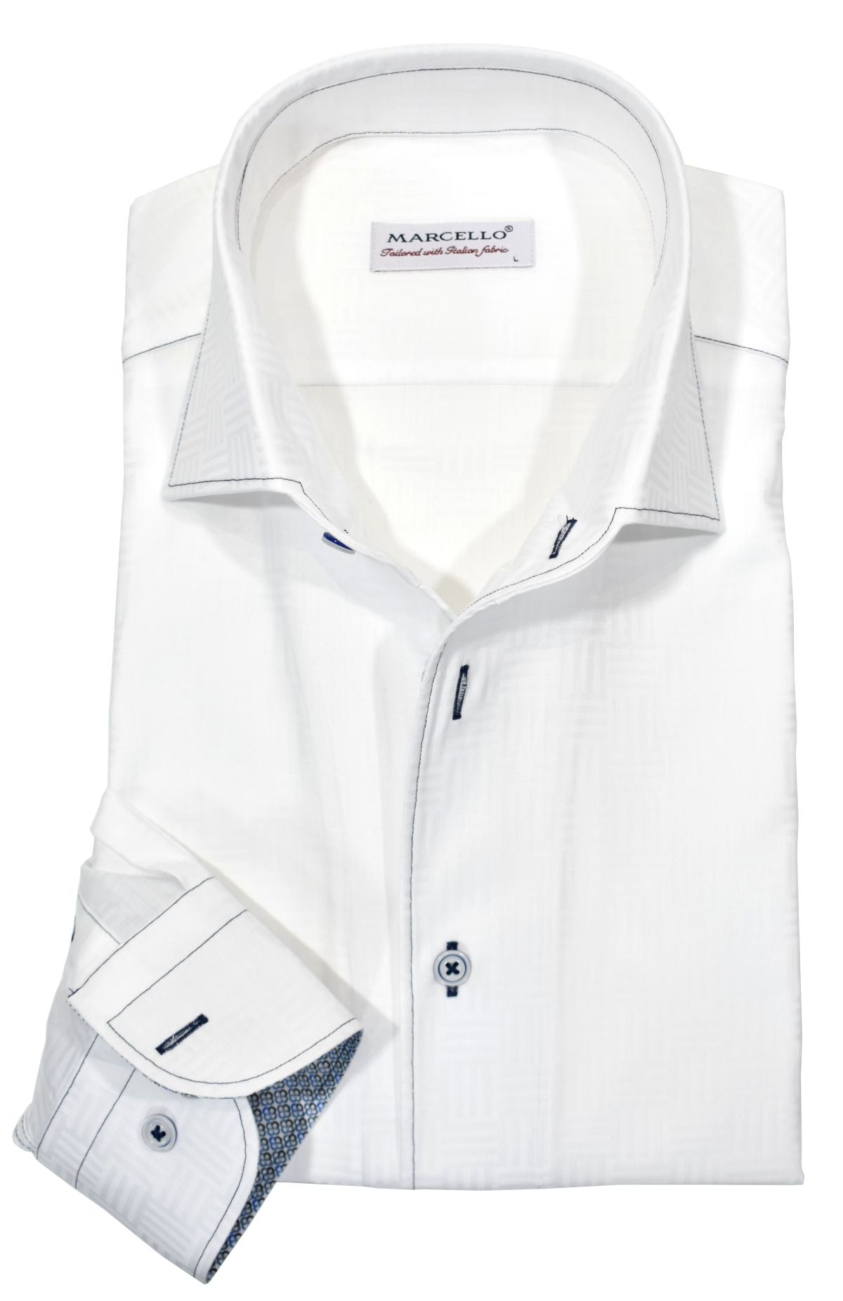 Exclusive Roll Collar. Marcello created this classic white shirt with a tonal jacquard featuring geometric lines, rendered in a soft cotton sateen fabric. Perfectly matched buttons and cuff trim fabric, along with contrast stitching, provide a unique twist to the iconic design. A classic shaped fit ensures it stands out in any setting and pairs easily with any outfit.