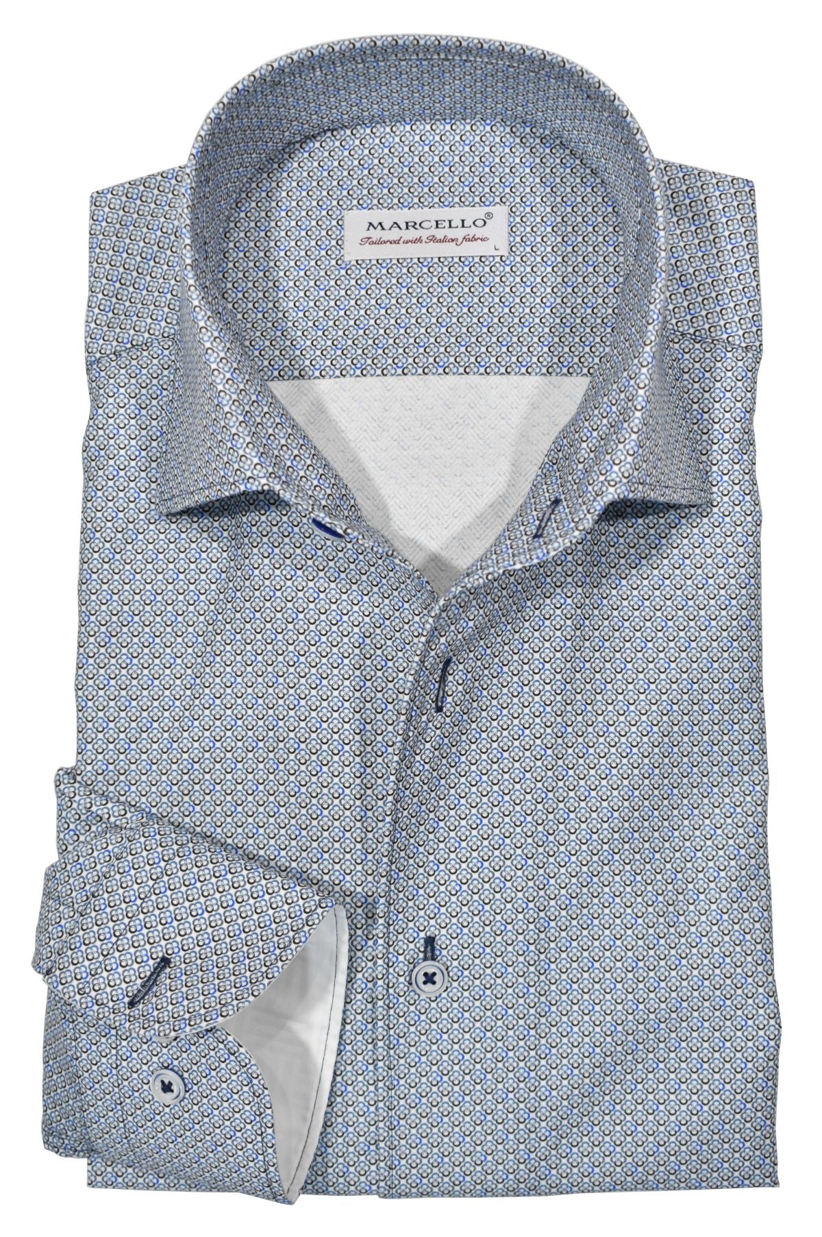 Delicately crafted with a combination of soft cotton fabric and Marcello's signature open roll collar, this piece features a sophisticated clover print in blue, tan and black, as well as custom hand-selected buttons and a timeless silhouette. The neat pattern exudes a fashion statement while remaining truly classic in nature. Classic shaped fit.