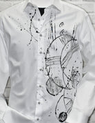 Experience luxe style with the Shades of Black Hand Painted shirt! Crafted with rich white cotton sateen fabric and featuring a custom hand painted abstract geometric pattern, this shirt stands out from the rest. With a classic shaped fit for a timeless look, this unique design is an exclusive to Marcello.