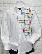 Experience luxe style with the W738P Hand Painted Geoshirt! Crafted with rich white cotton sateen fabric and featuring a custom hand painted abstract geometric pattern, this shirt stands out from the rest. With a classic shaped fit for a timeless look, this unique design is an exclusive to Marcello.
