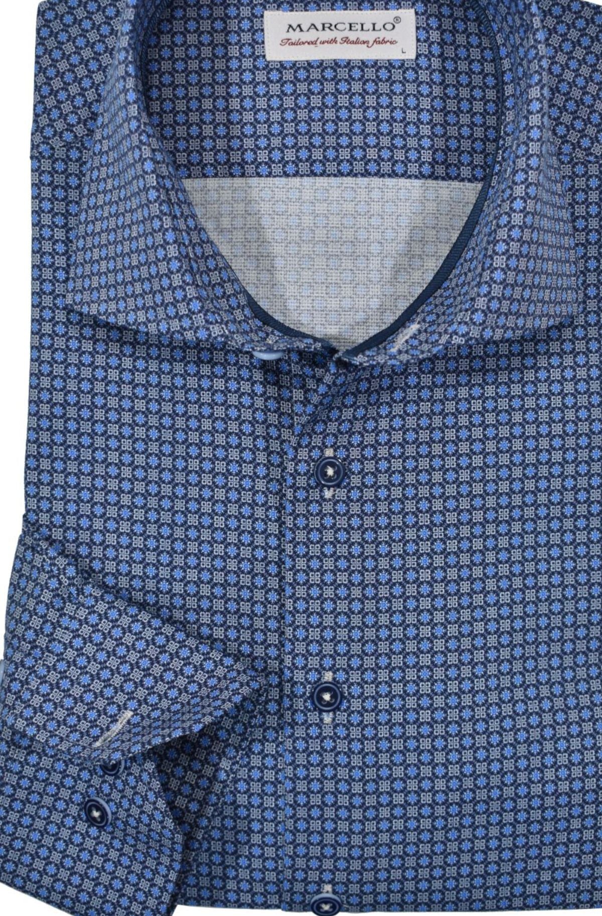 Mixed shades of blue and gray make this medallion an ideal pick for any look—dressy or casual. Its classic, neat pattern exudes classic style, while luxe cotton and a hint of lycra make it soft and stretchy for comfort. Navy taping adorns the neck and button placket, with custom matched buttons completing the look.
