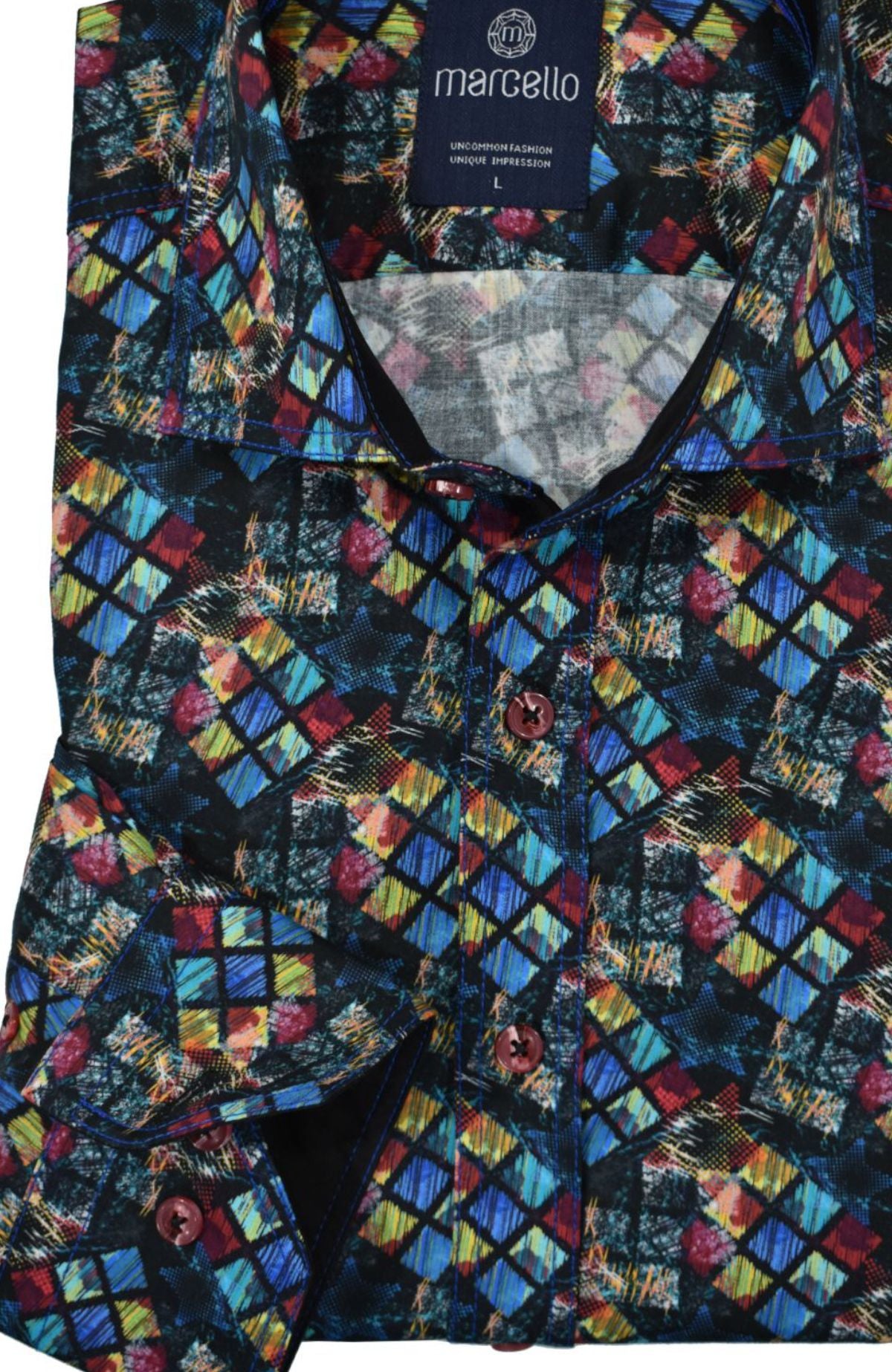 A unique print boasting jewel toned colors on soft cotton sateen fabric. This piece of artistry is designed to remain a unique accessory to any wardrobe. Double tracked stitching, matched buttons and a classic shaped fit complement the fashion look. With its cutting-edge style and traditional silhouette, you'll be ready for any occasion. By Marcello