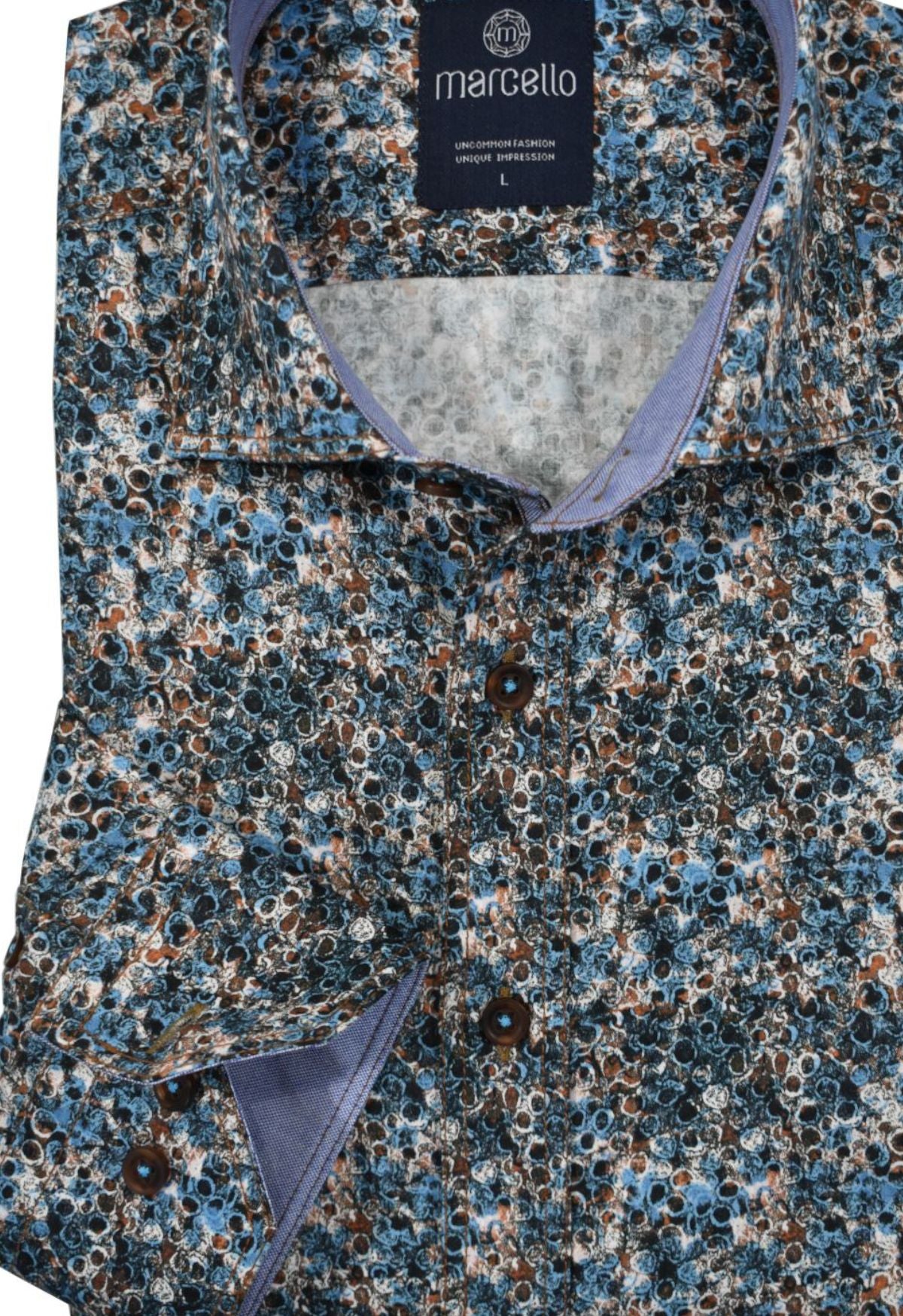 Make a statement in this fashionable mixed pattern design with Earth tones and a touch of teal for an eye-catching finish. Perfect for a casual look with jeans, or dress it up with tailored trousers for a sophisticated ensemble. Uniquely crafted with double track stitching, premium fabric and a classic shaped fit. By Marcello