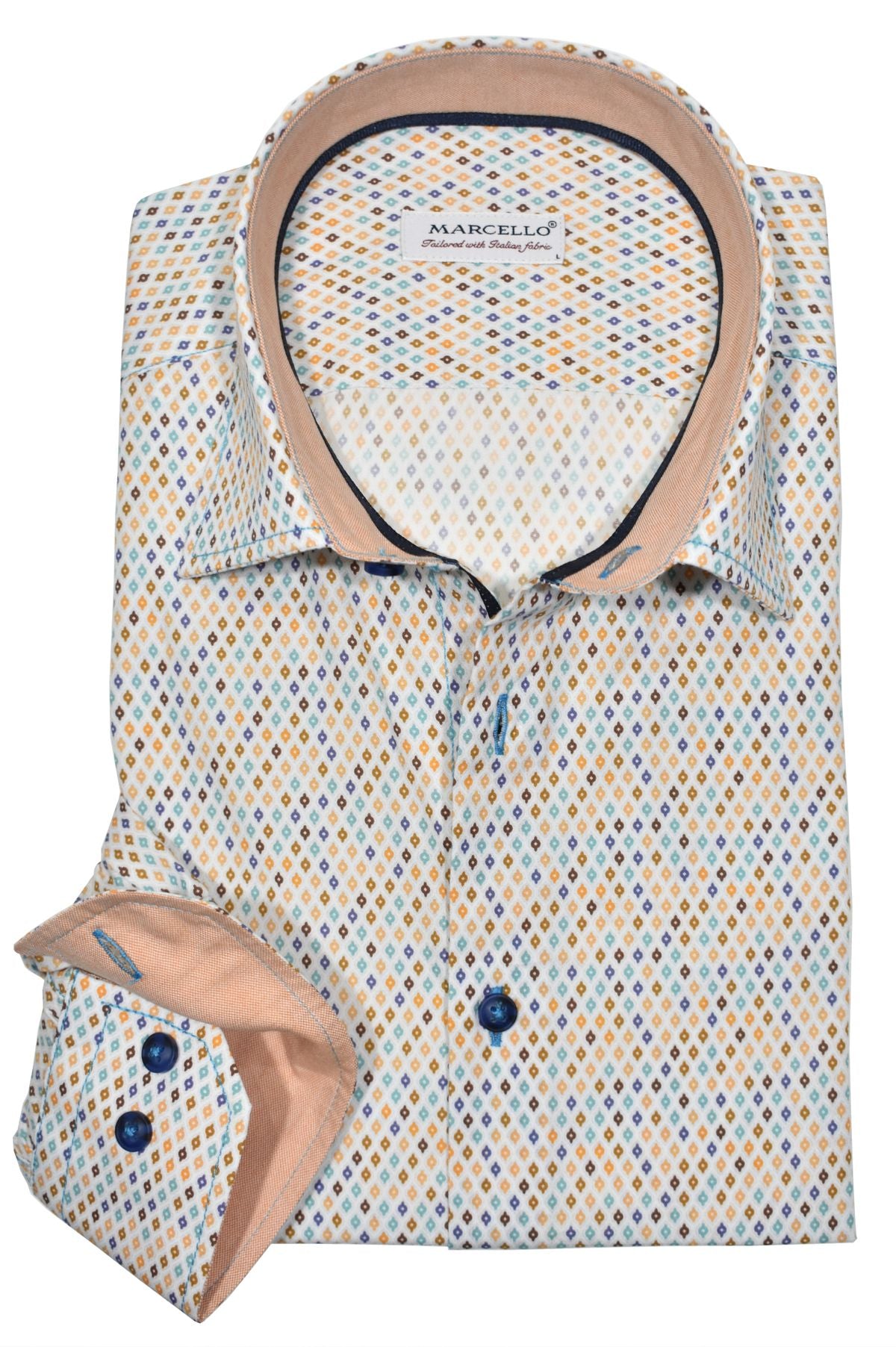 This classic cotton shirt will quickly become a wardrobe staple. Featuring vertical geometric diamonds in multiple colors, and nice accent trim fabric and contrast neck band piping, its versatility and comfort will make it your favorite go-to piece. Keep it casual and stylish all at once!