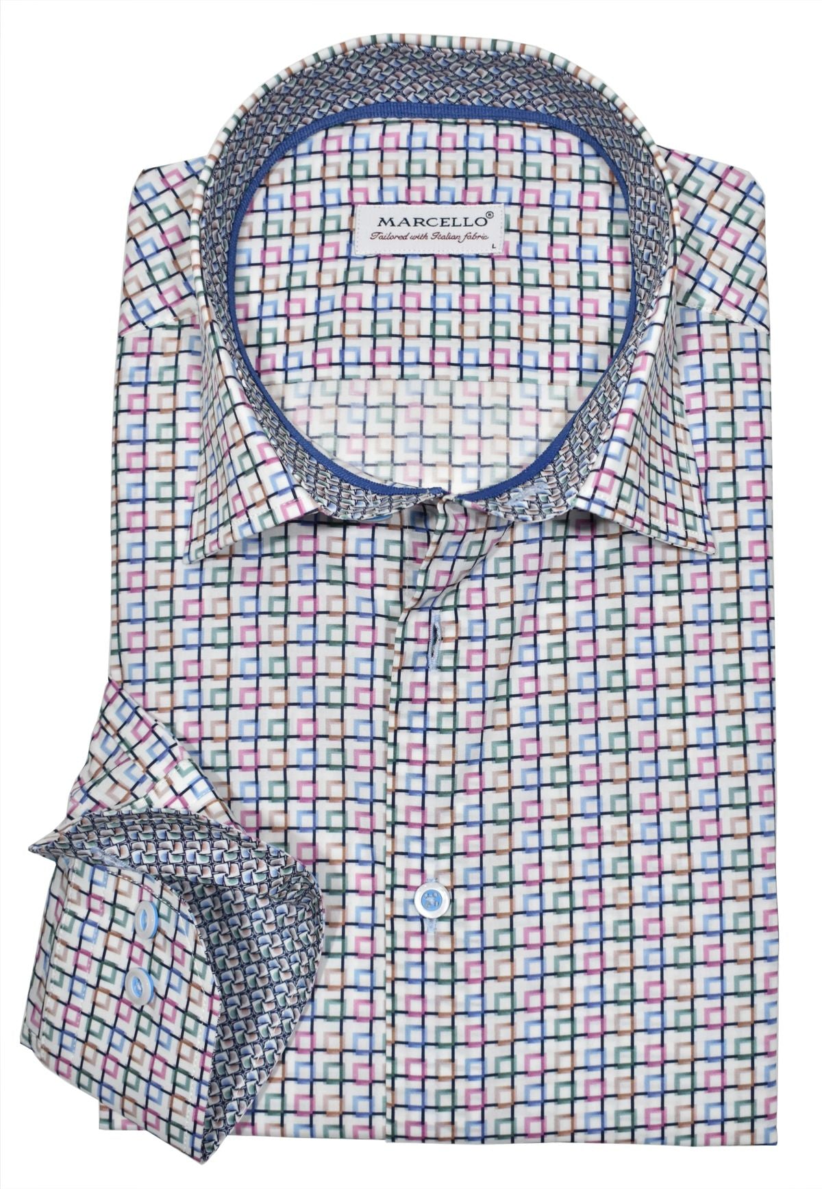 Luxurious cotton fabric, eye-catching open square pattern in beautiful gem hue colors. Elegant style ideal for any event. Soft cotton fabric. Unique multi colored pattern with a hint of fashion. Contrast stitch detailing.