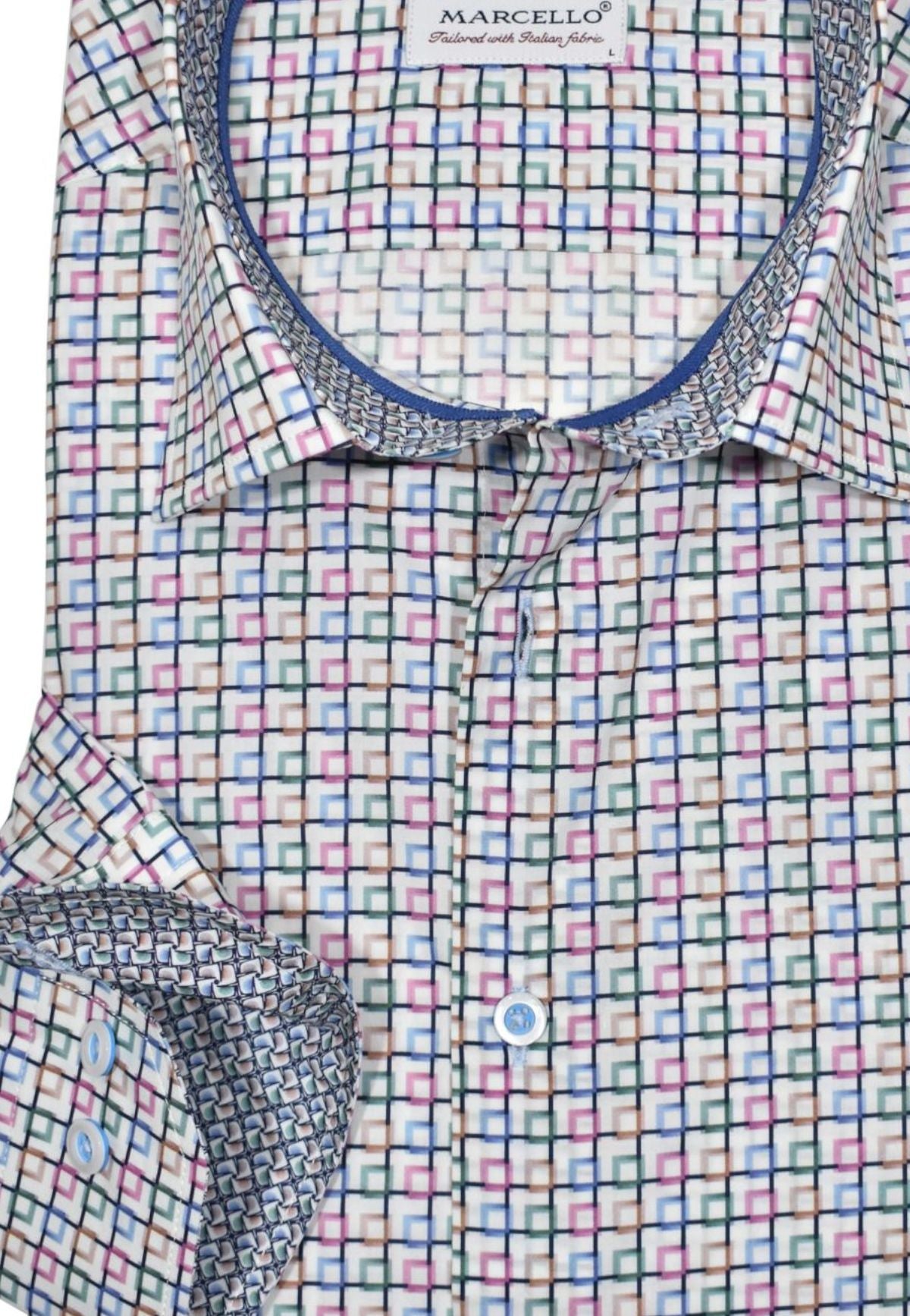Luxurious cotton fabric, eye-catching open square pattern in beautiful gem hue colors. Elegant style ideal for any event. Soft cotton fabric. Unique multi colored pattern with a hint of fashion. Contrast stitch detailing.