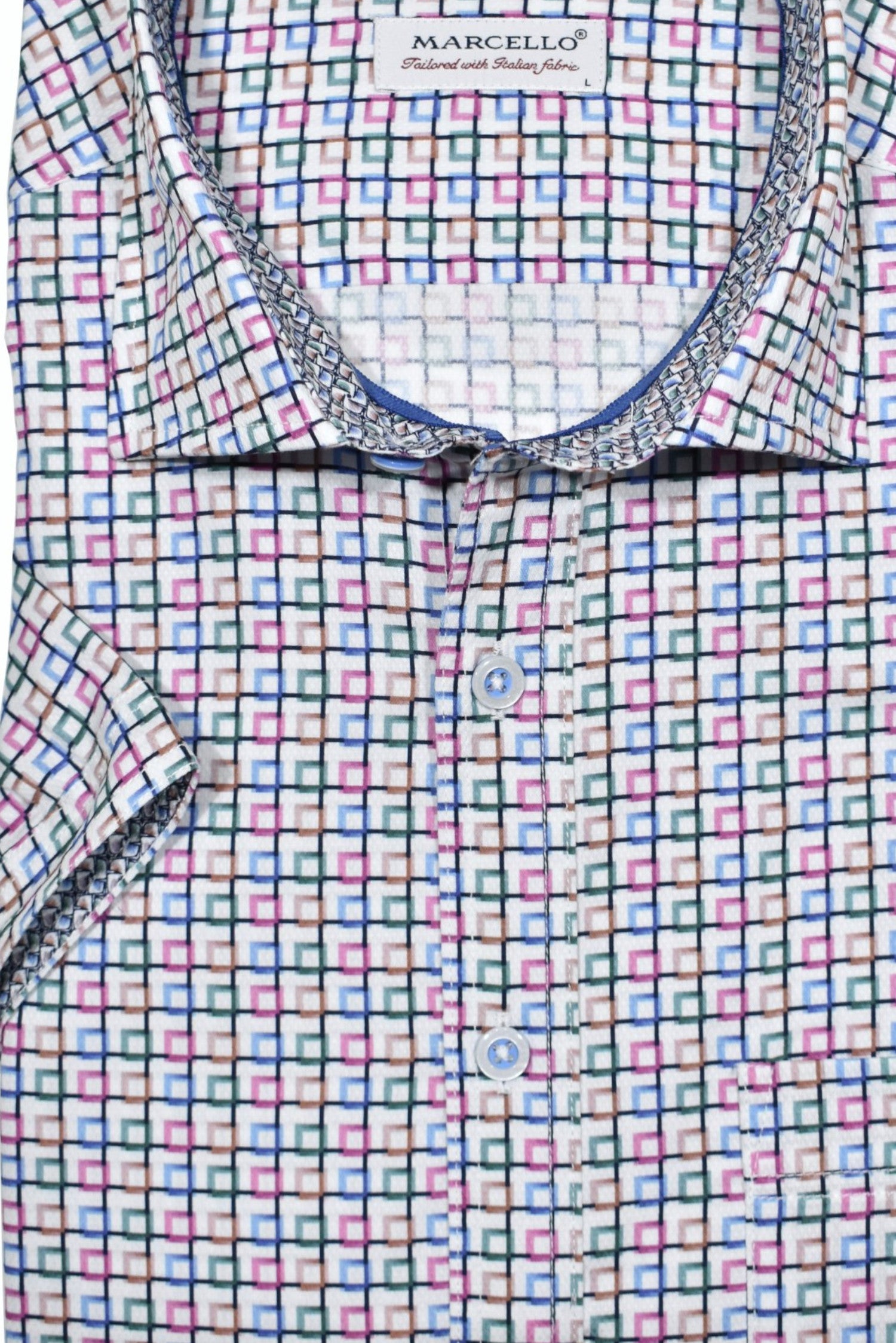 Luxurious cotton fabric, eye-catching open square pattern in beautiful gem hue colors. Elegant style ideal for any event. Short sleeve Marcello Shirt.