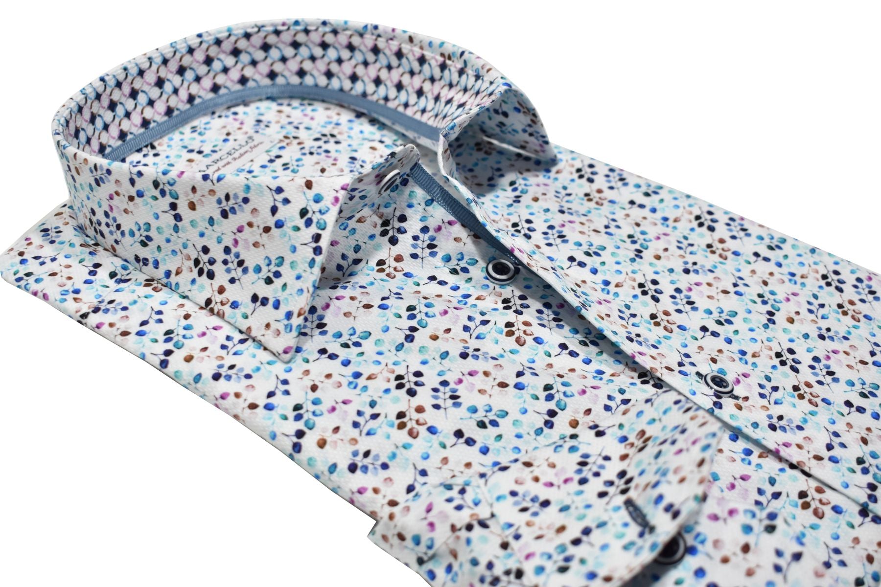 Luxurious cotton fabric, eye-catching open multi color floral pattern in beautiful gem hue colors creates a uniquely outstanding sport shirt. Elegant style ideal for any event. It's the perfect way to add a touch of sophistication to any outfit. Shirt by Marcello.