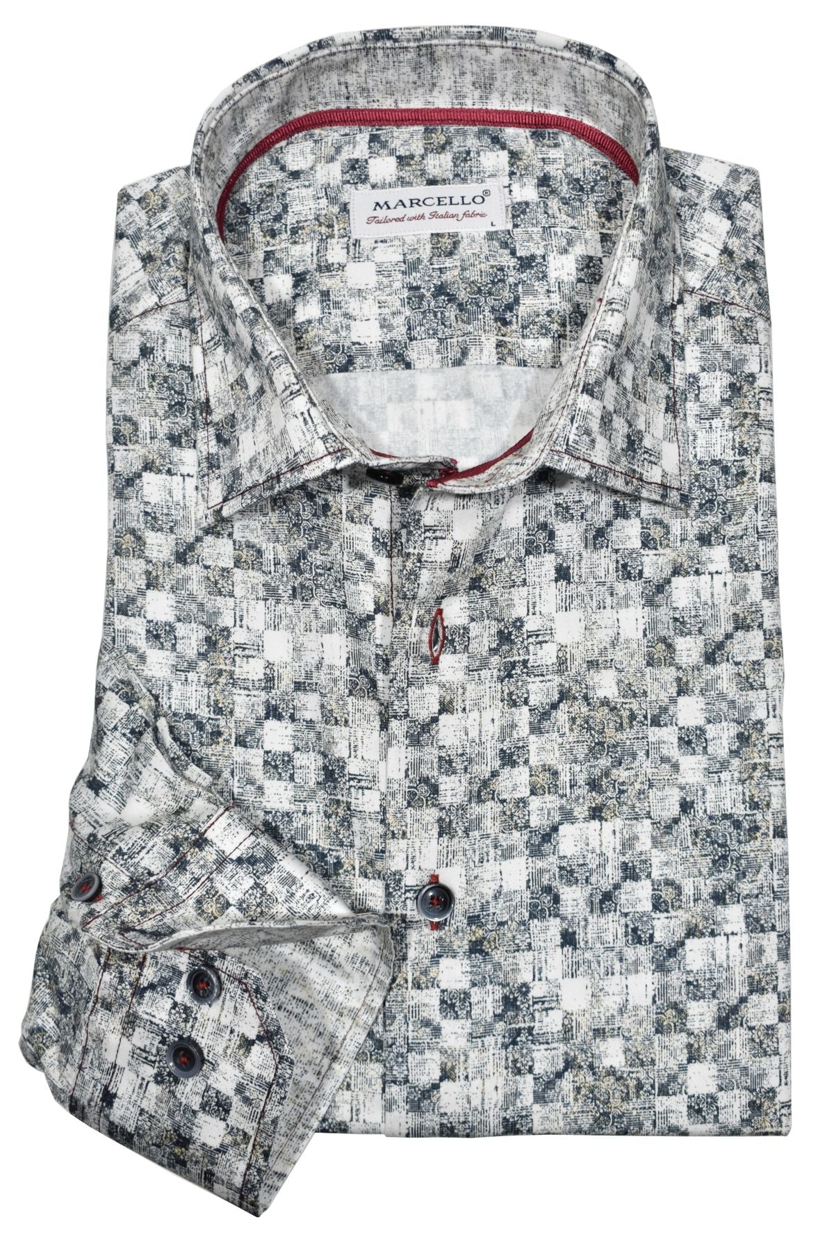 This W791 Slate Brushed Grid shirt is exquisitely designed for a sophisticated look. Crafted from rich cotton sateen and featuring custom buttons, contrast stitch color and taping, it adds the perfect touch of elegance to any outfit. Enjoy the luxurious feel and modern design of this classic shaped fit. By Marcello