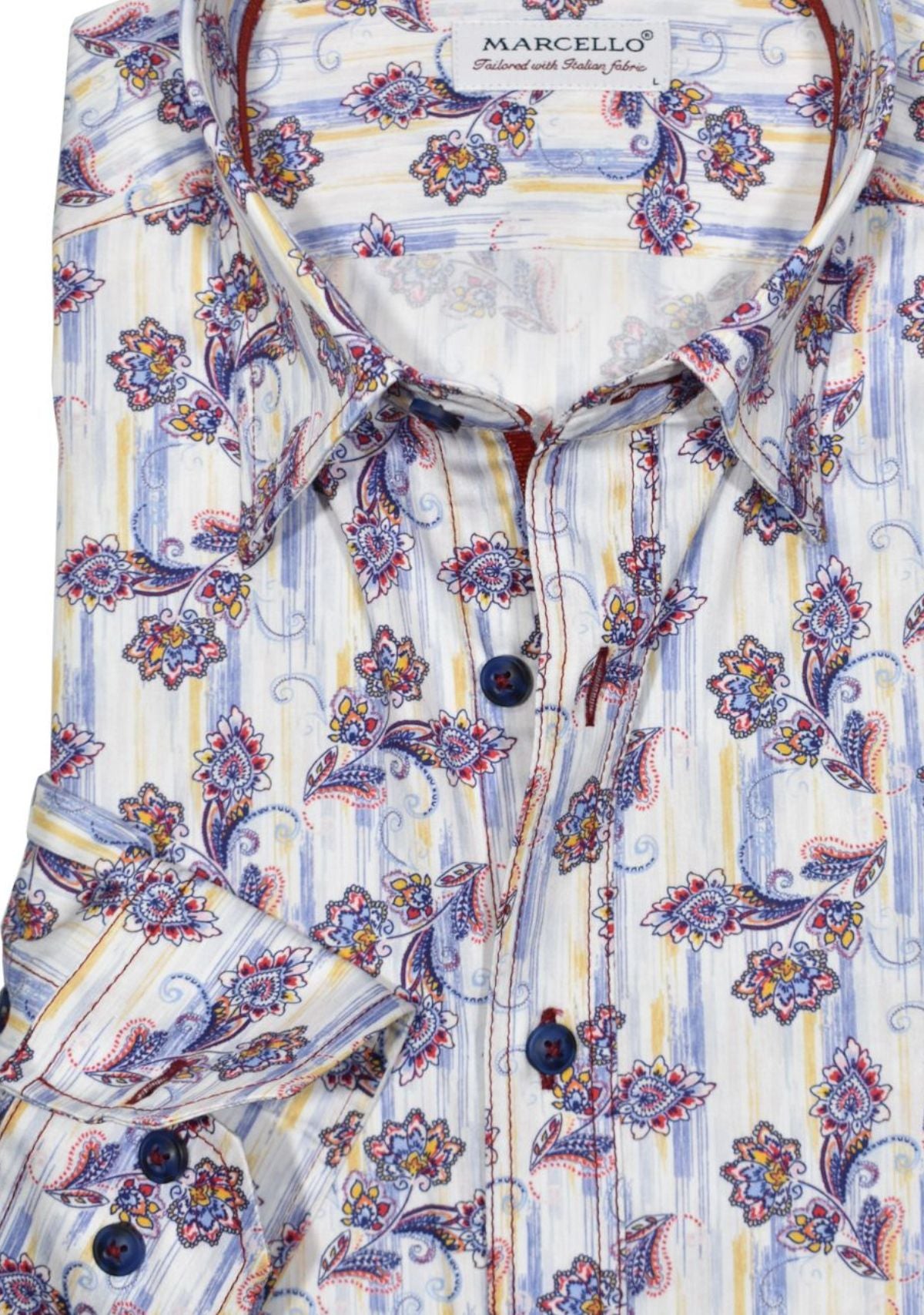 Luxurious cotton fabric, eye-catching open multi color floral pattern in beautiful gem hue colors creates a uniquely outstanding sport shirt. Elegant style ideal for any event. It's the perfect way to add a touch of sophistication to any outfit. Shirt by Marcello.