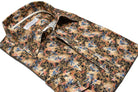 Elevate your wardrobe with this W796 Sun's Clay Sport Shirt. Perfect for any occasion, its rich colors and earth tones are offset by subtle blue floral accents, and double track contrast stitching adds a stylish touch. Thoughtfully crafted with hand-selected buttons and an accent neck placket taping, you'll be looking your best. Shirt by Marcello.