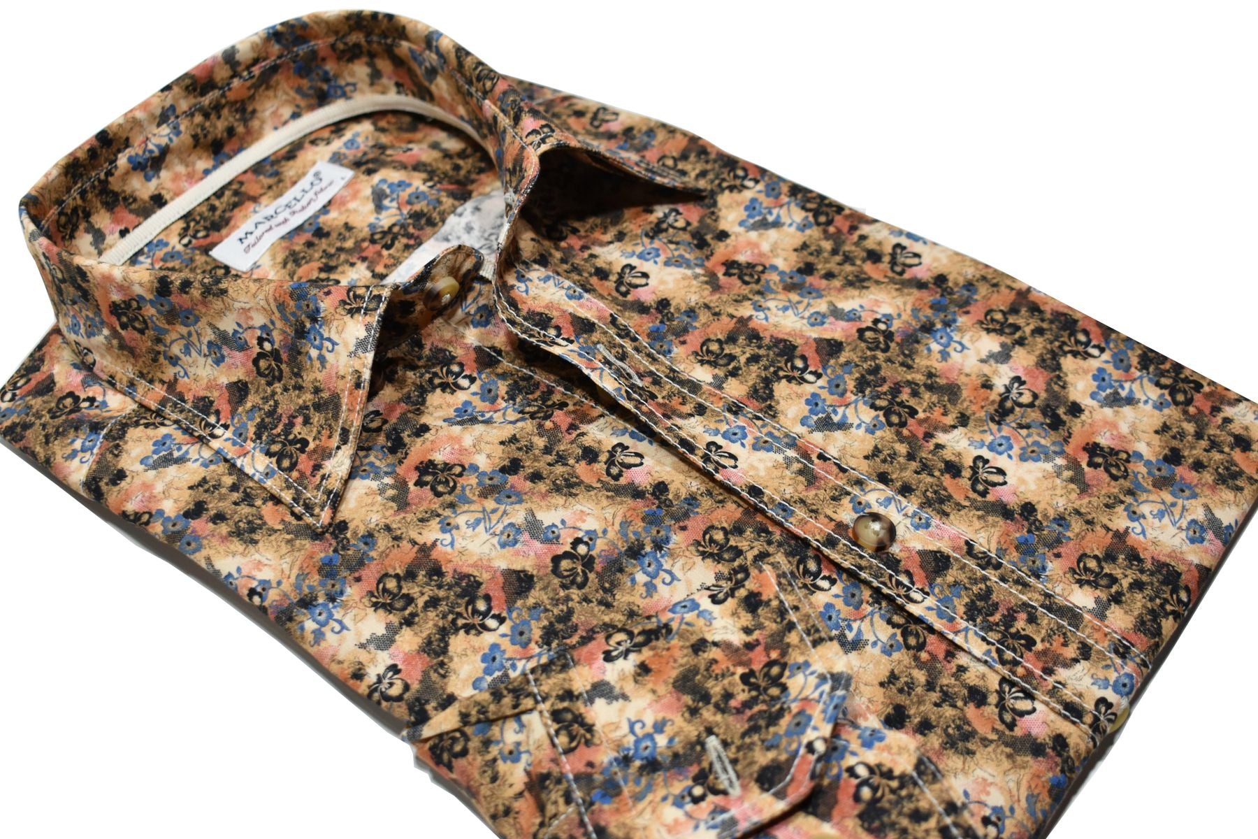 Elevate your wardrobe with this W796 Sun's Clay Sport Shirt. Perfect for any occasion, its rich colors and earth tones are offset by subtle blue floral accents, and double track contrast stitching adds a stylish touch. Thoughtfully crafted with hand-selected buttons and an accent neck placket taping, you'll be looking your best. Shirt by Marcello.