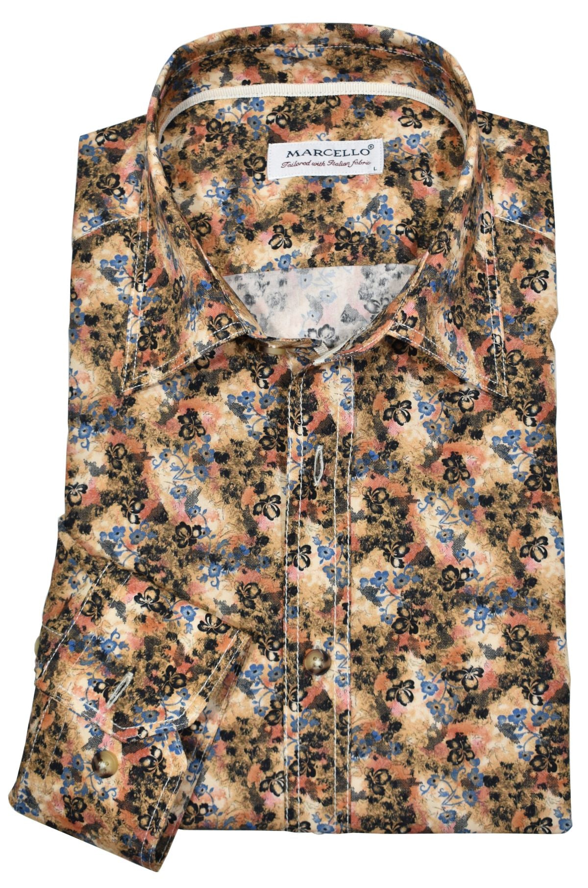 Elevate your wardrobe with this W796 Sun's Clay Sport Shirt. Perfect for any occasion, its rich colors and earth tones are offset by subtle blue floral accents, and double track contrast stitching adds a stylish touch. Thoughtfully crafted with hand-selected buttons and an accent neck placket taping, you'll be looking your best. Shirt by Marcello.