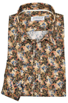 Elevate your wardrobe with this W796 Sun's Clay Sport Shirt. Perfect for any occasion, its rich colors and earth tones are offset by subtle blue floral accents, and double track contrast stitching adds a stylish touch. Thoughtfully crafted with hand-selected buttons and an accent neck placket taping, you'll be looking your best. Shirt by Marcello.