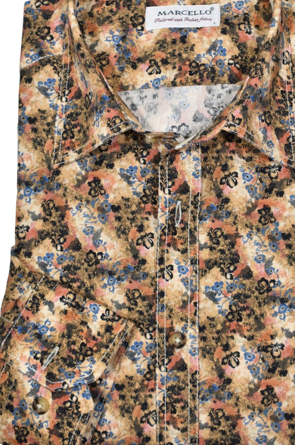 Elevate your wardrobe with this W796 Sun's Clay Sport Shirt. Perfect for any occasion, its rich colors and earth tones are offset by subtle blue floral accents, and double track contrast stitching adds a stylish touch. Thoughtfully crafted with hand-selected buttons and an accent neck placket taping, you'll be looking your best. Shirt by Marcello.