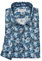 You'll be transfixed by the beauty of this abstract print shirt. Rich ocean tropical colors with an accent mocha floral and contrast double track stitch detailing create an unforgettable look. Plus, the matched buttons and contrast neck tape complete the look. Shirt by Marcello.