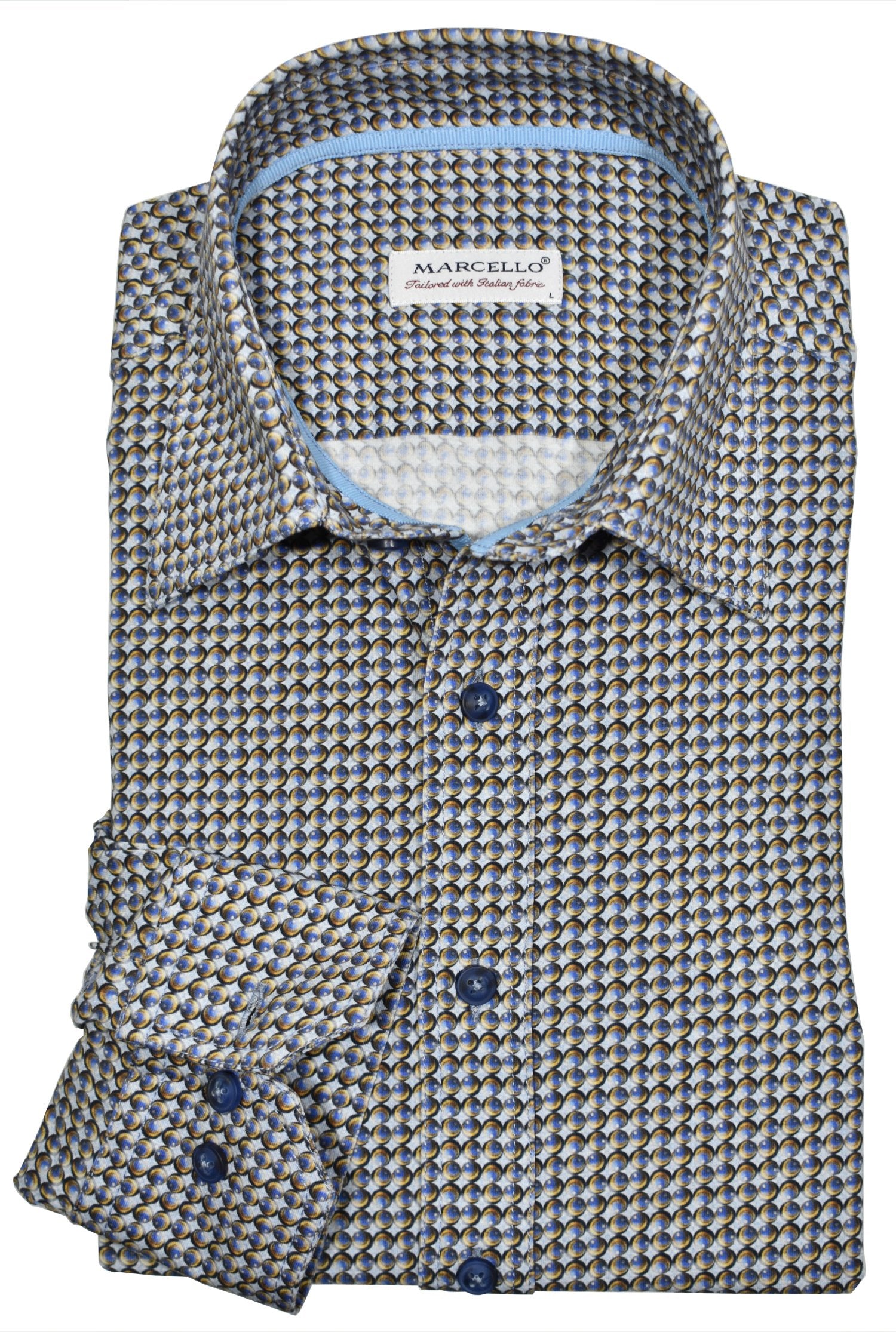 Our W798 Concentric 8 way Stretch fabric offers you the perfect combination of comfort and movement - the superb cotton-elastin mix supports your body for all activities and the stunning blue and camel earth tones look great too. Shirt by Marcello.