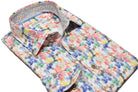 You'll be wowed by the beauty of this abstract print shirt. An array of Spring colors with contrast double track stitch detailing create an unforgettable look. Plus, the matched buttons and contrast neck tape and trim fabric complete the look. Shirt by Marcello.
