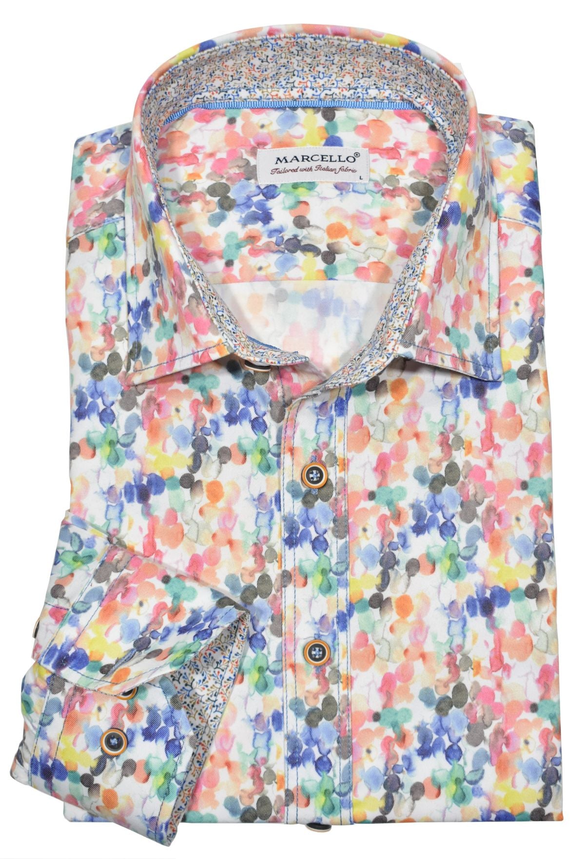 You'll be wowed by the beauty of this abstract print shirt. An array of Spring colors with contrast double track stitch detailing create an unforgettable look. Plus, the matched buttons and contrast neck tape and trim fabric complete the look. Shirt by Marcello.