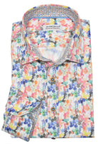 You'll be wowed by the beauty of this abstract print shirt. An array of Spring colors with contrast double track stitch detailing create an unforgettable look. Plus, the matched buttons and contrast neck tape and trim fabric complete the look. Shirt by Marcello.