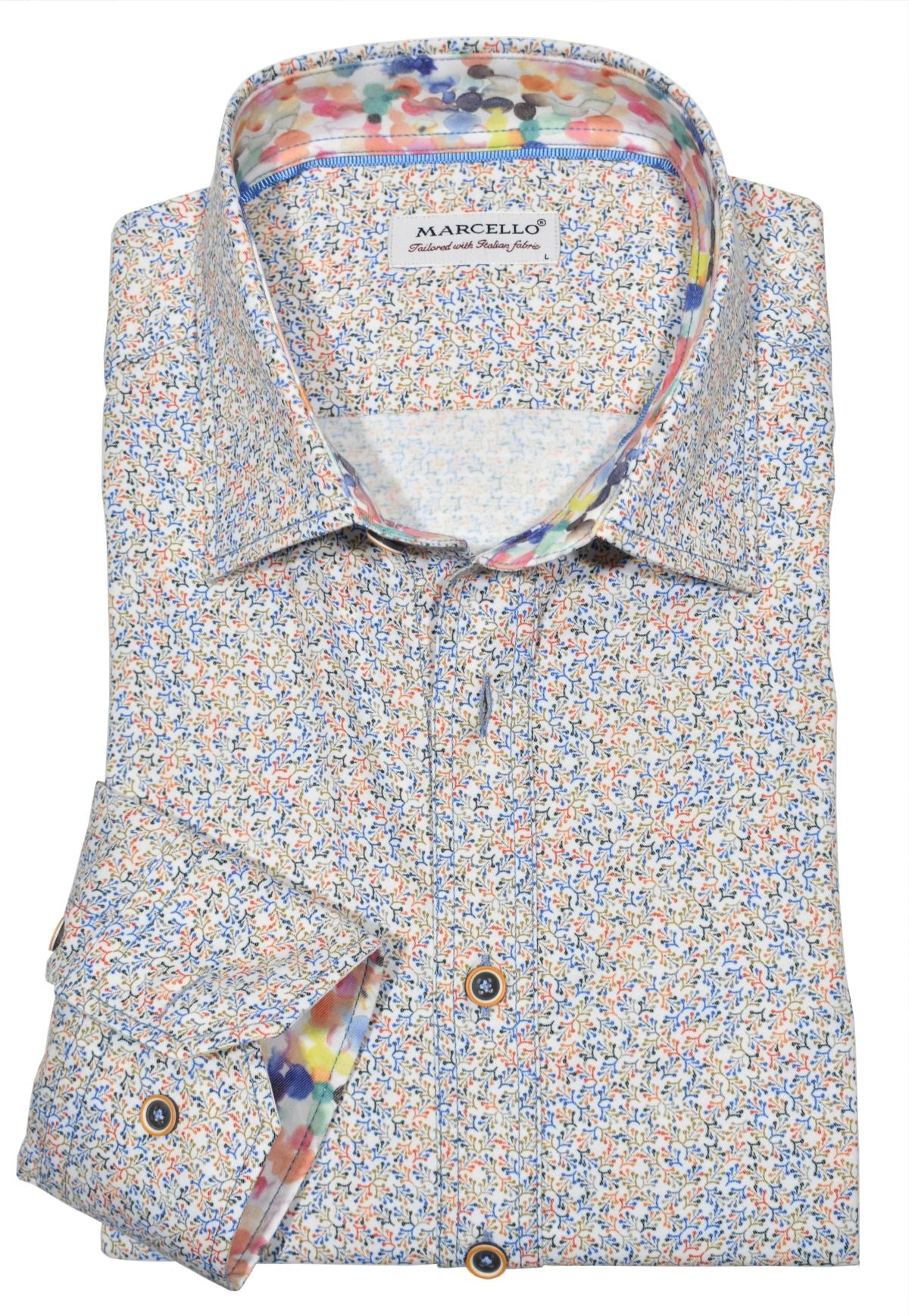 The beauty of this abstract print shirt is in its colors and traditional style. An array of Spring colors with contrast stitch detailing create an unforgettable look. Plus, the matched buttons and contrast neck tape and trim fabric complete the look. Shirt by Marcello.
