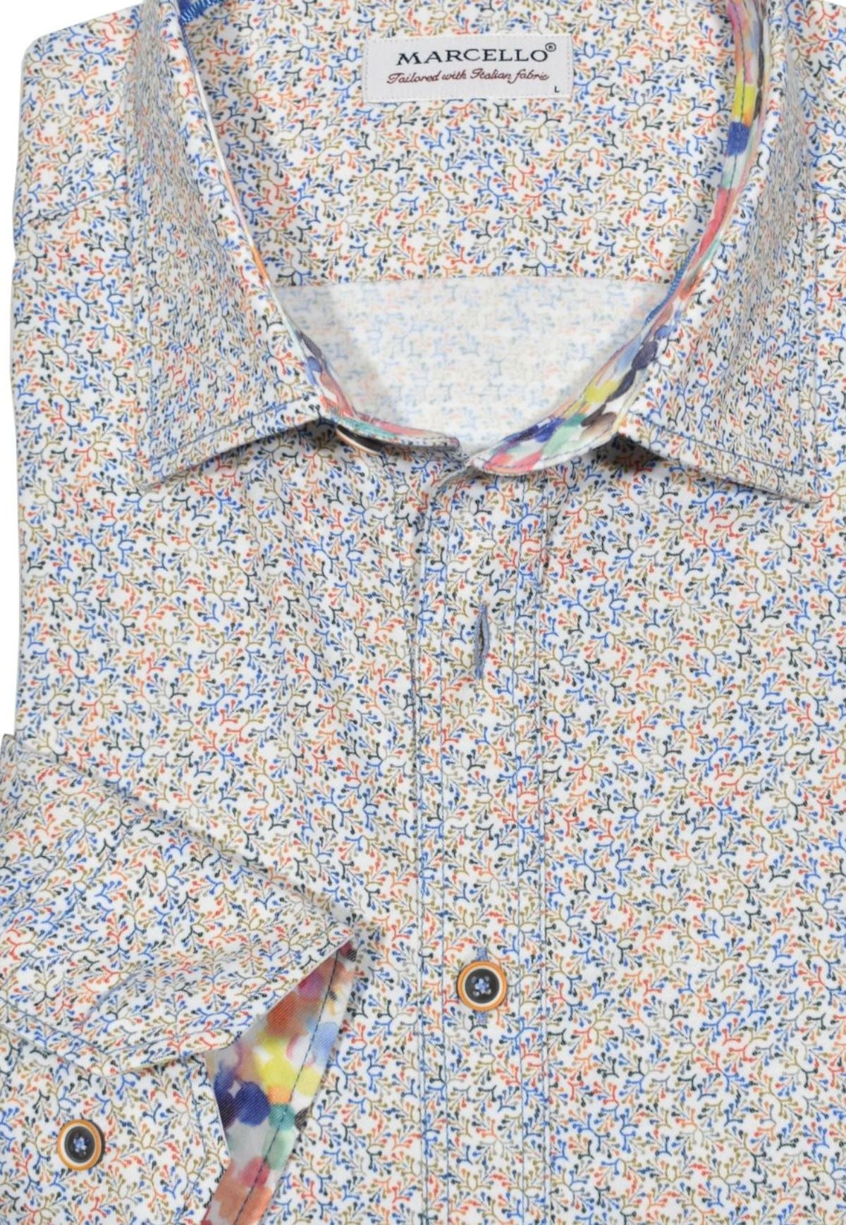 The beauty of this abstract print shirt is in its colors and traditional style. An array of Spring colors with contrast stitch detailing create an unforgettable look. Plus, the matched buttons and contrast neck tape and trim fabric complete the look. Shirt by Marcello.