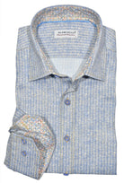 Our W802 Boardwalk shirt is the ultimate lightweight comfort. Perfect for hot days, it features a soft maize melange ground with a subtle medium blue over print and stripe. The shirt also features cool trim fabric, perfectly matched buttons, and contrast color stitch detailing for an extra touch of style. Enjoy effortless summer comfort with this must-have seasonal essential. Shirt by Marcello.