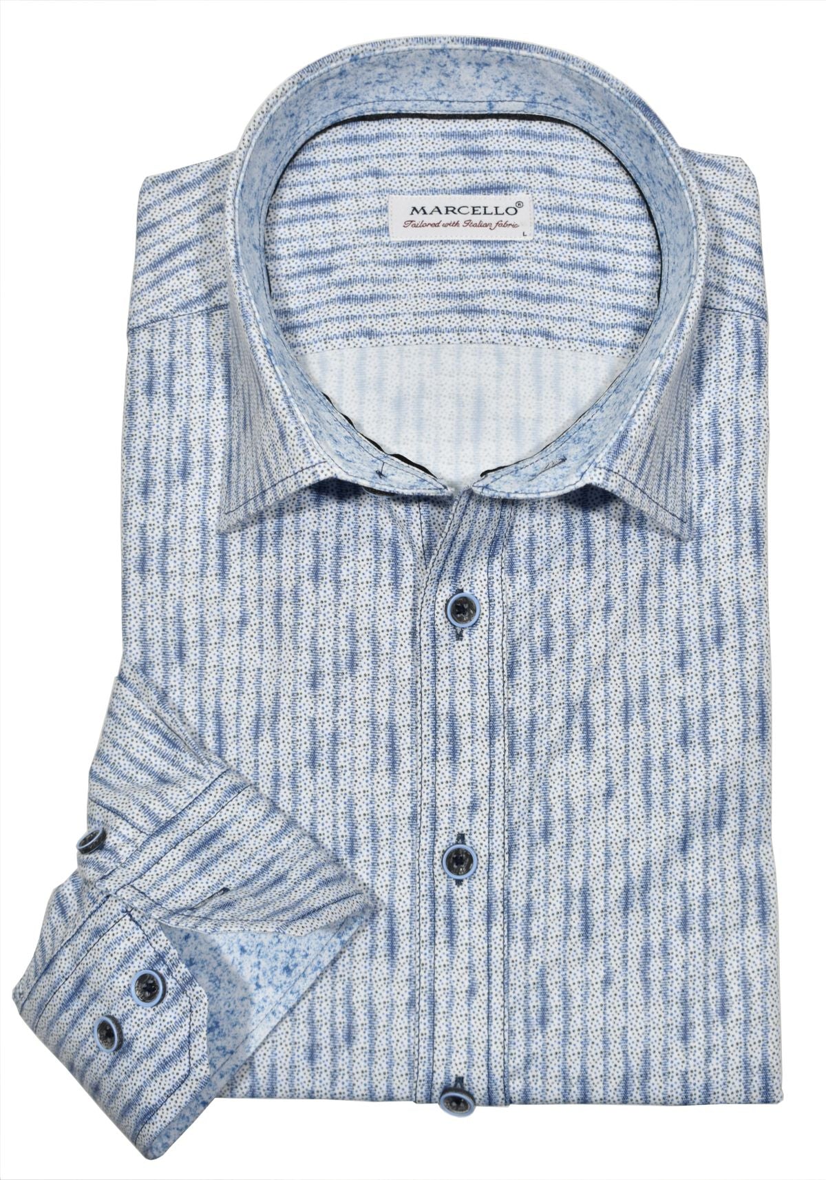 Be bold and stand out with the W805 Jones Indigo Print. Crafted with soft cotton, a vertical reptile skin-like print, and navy contrast stitching, you'll love the unique look and style this shirt provides. Keep it casual with hand-selected buttons, perfect for any occasion. Shirt by Marcello.