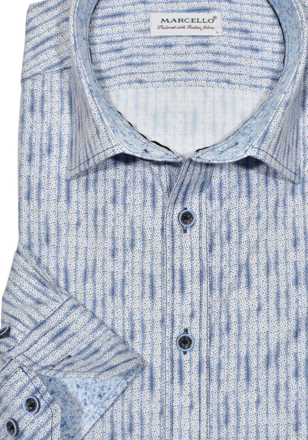 Be bold and stand out with the W805 Jones Indigo Print. Crafted with soft cotton, a vertical reptile skin-like print, and navy contrast stitching, you'll love the unique look and style this shirt provides. Keep it casual with hand-selected buttons, perfect for any occasion. Shirt by Marcello.