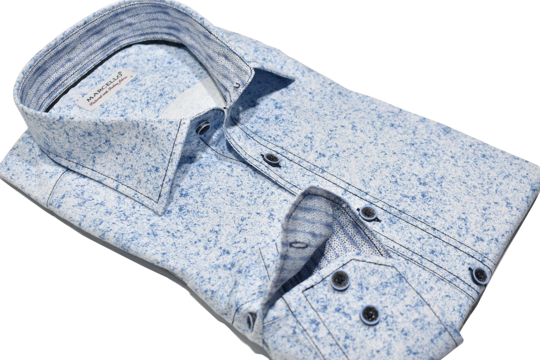 Feel relaxed and ready to take on the day with our W806 Soft Sky Print Shirt. Its abstract pattern is designed to look like a clear blue sky on a perfect day, bringing a sense of serenity to your wardrobe. The muted blue shades make it easy to pair with your favorite trousers and jeans, while double track contrast stitching, custom buttons, and matched trim fabric enhance the crisp look. Shirt by Marcello.