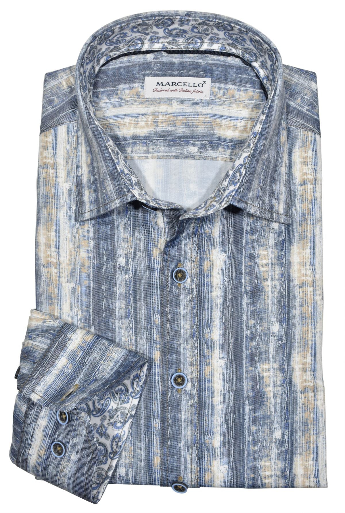 Look your sharpest with the W808 Slate Brushed Stripe, combining gray and charcoal tones for a sophisticated look. Featuring contrast double stitching in red, custom matched buttons, and perfect trim fabric, this shirt is perfect for any occasion. Shirt by Marcello.