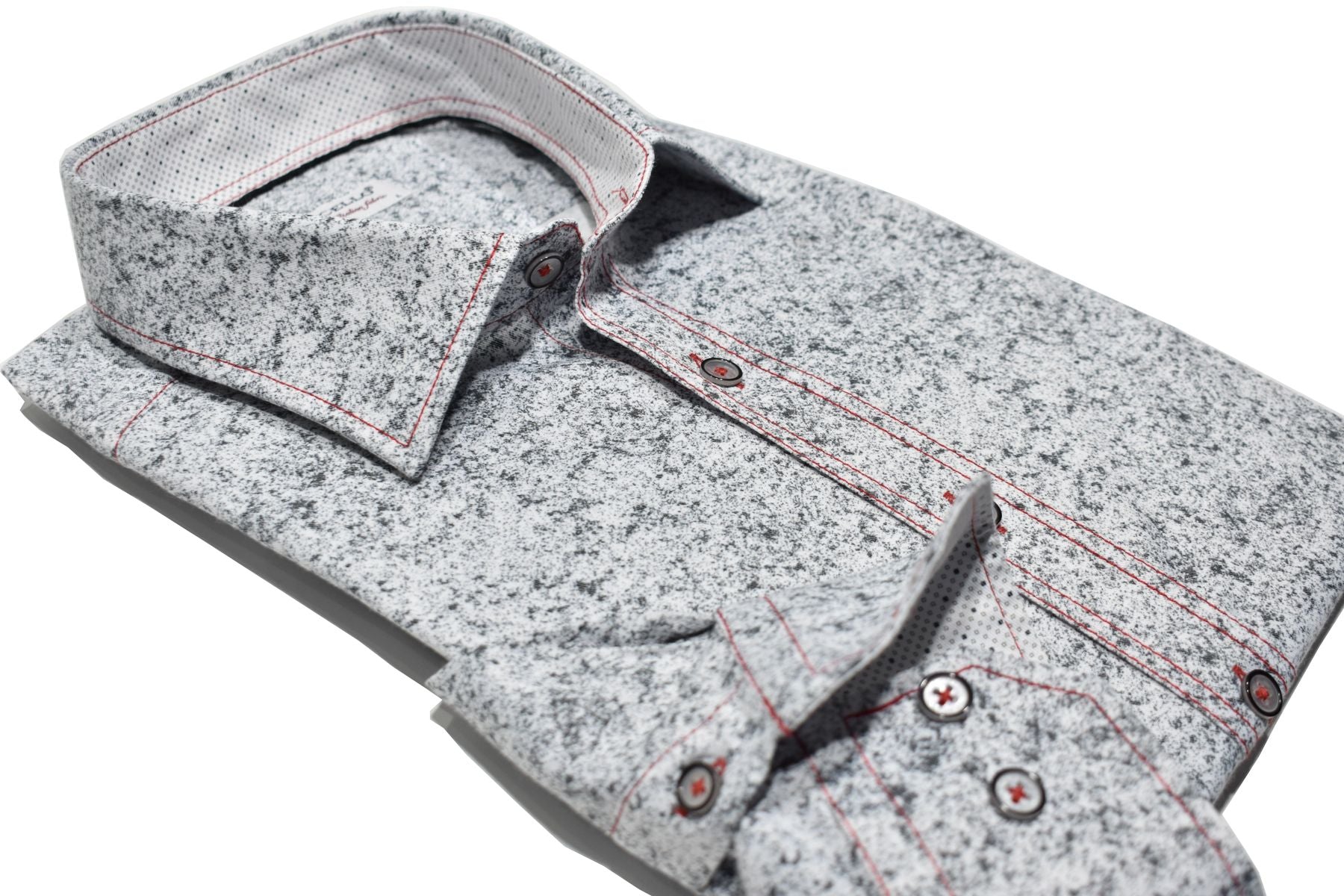 Look your sharpest with the W809 Connery Sport Shirt, combining gray and charcoal tones for a sophisticated look. Featuring contrast double stitching in red, custom matched buttons, and perfect trim fabric, this shirt is perfect for any occasion. Shirt by Marcello.