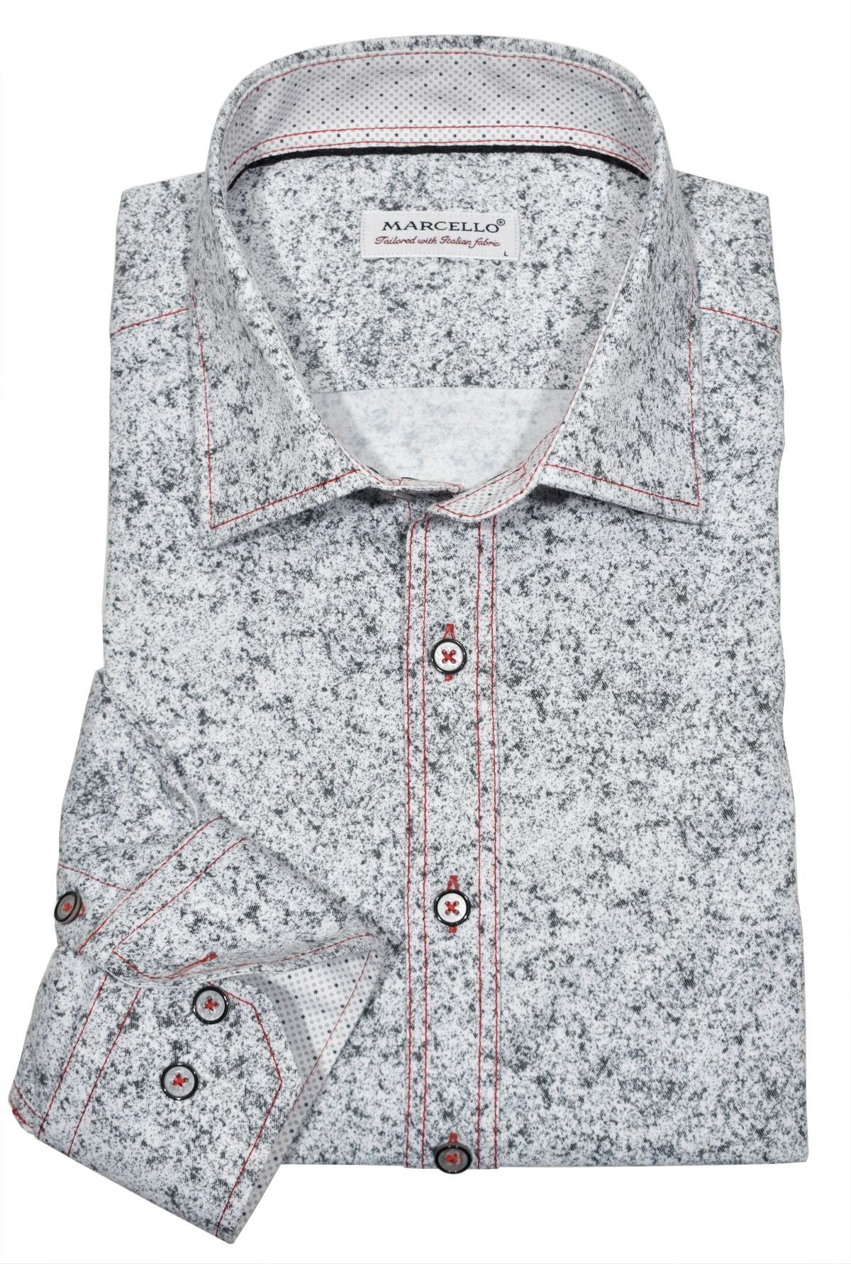 Look your sharpest with the W809 Connery Sport Shirt, combining gray and charcoal tones for a sophisticated look. Featuring contrast double stitching in red, custom matched buttons, and perfect trim fabric, this shirt is perfect for any occasion. Shirt by Marcello.