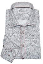 Look your sharpest with the W809 Connery Sport Shirt, combining gray and charcoal tones for a sophisticated look. Featuring contrast double stitching in red, custom matched buttons, and perfect trim fabric, this shirt is perfect for any occasion. Shirt by Marcello.