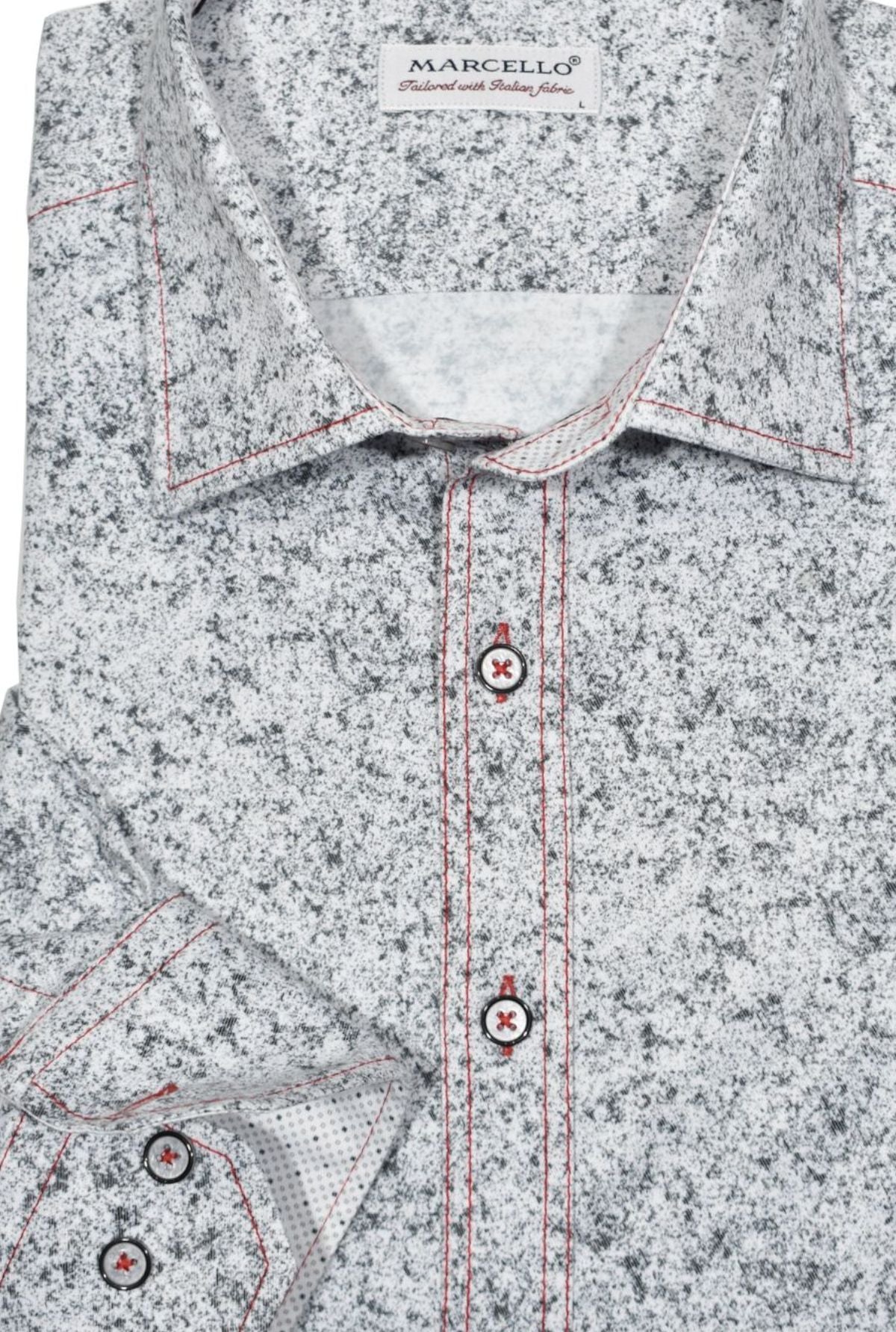 Look your sharpest with the W809 Connery Sport Shirt, combining gray and charcoal tones for a sophisticated look. Featuring contrast double stitching in red, custom matched buttons, and perfect trim fabric, this shirt is perfect for any occasion. Shirt by Marcello.