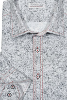 Look your sharpest with the W809 Connery Sport Shirt, combining gray and charcoal tones for a sophisticated look. Featuring contrast double stitching in red, custom matched buttons, and perfect trim fabric, this shirt is perfect for any occasion. Shirt by Marcello.