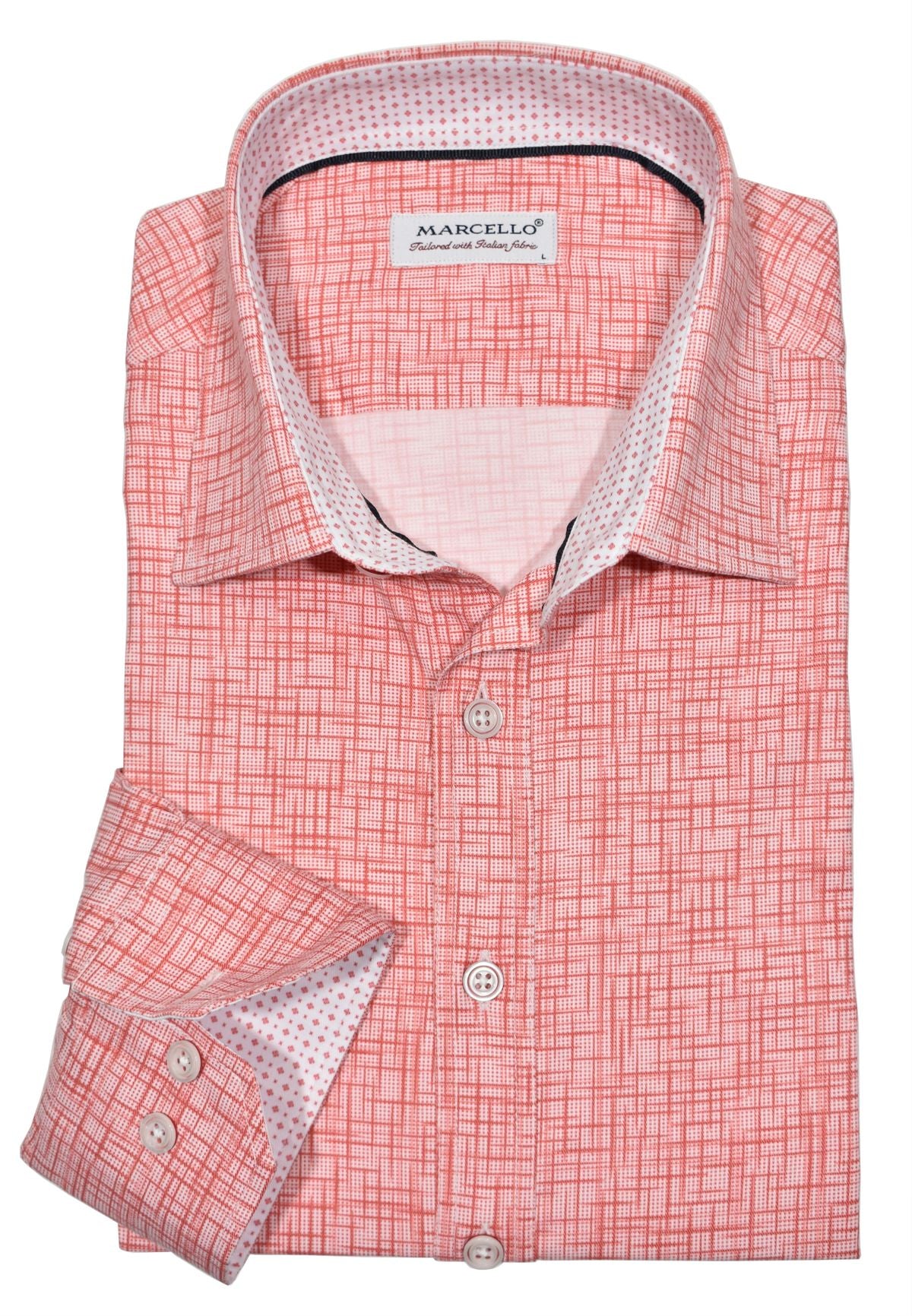 This W813 Cracked Red Plaid is perfect for those who want to look their best in soft cotton sateen fabric with a stylish cracked, brushed red plaid pattern. Let the lighter hues of red and darker hues complete your look with custom buttons and trim fabric, plus a lovely accent neck taping. Shirt by Marcello.