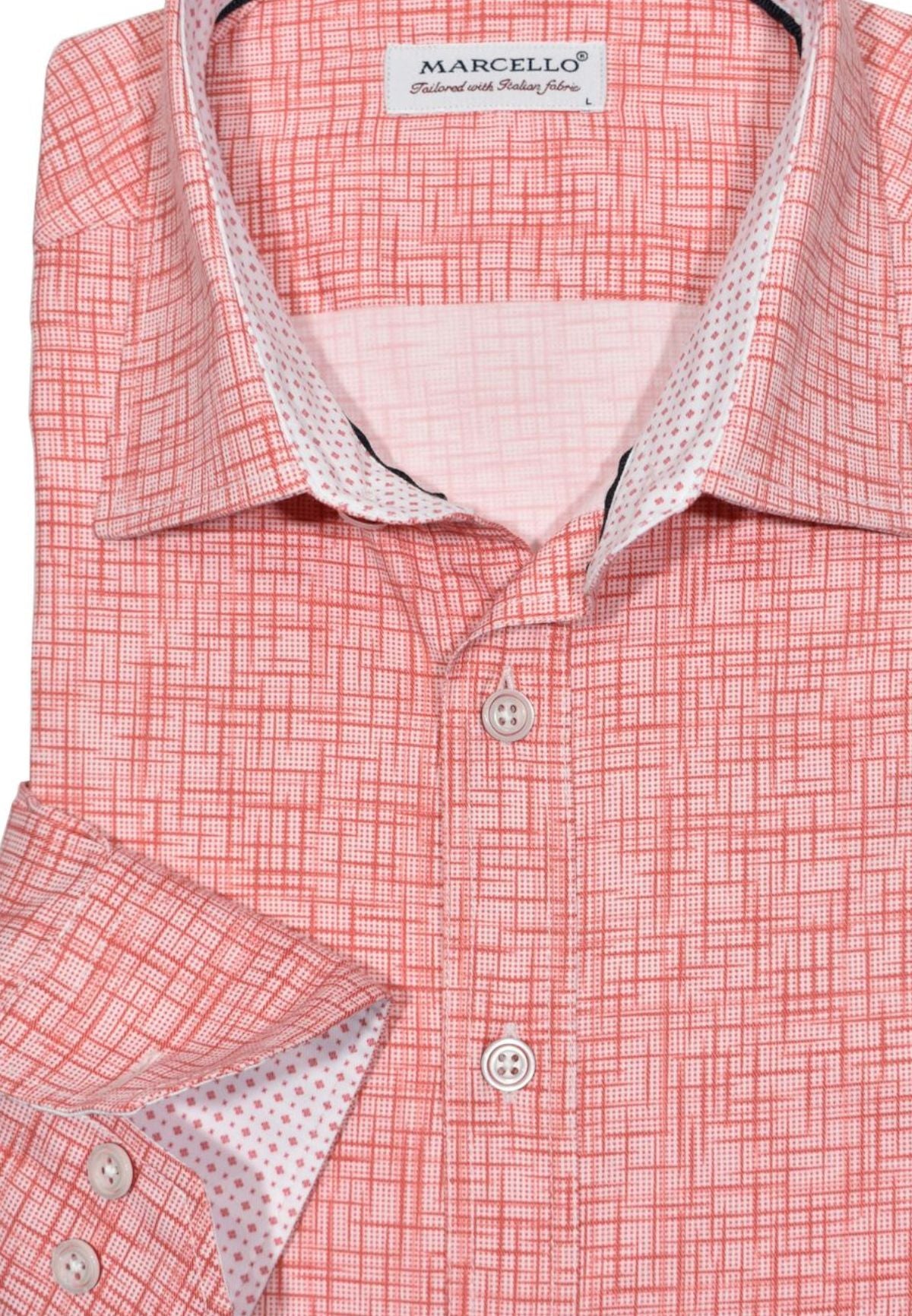 This W813 Cracked Red Plaid is perfect for those who want to look their best in soft cotton sateen fabric with a stylish cracked, brushed red plaid pattern. Let the lighter hues of red and darker hues complete your look with custom buttons and trim fabric, plus a lovely accent neck taping. Shirt by Marcello.