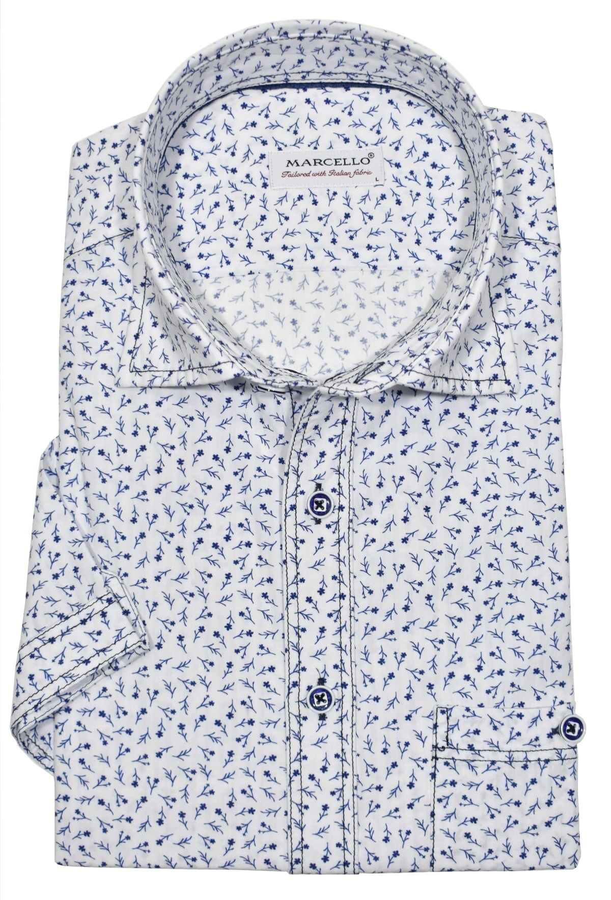 Stay cool and stylish in the W824S White Floral Seersucker shirt. Made from lightweight, seersucker fabric, this short-sleeved model comes in crisp white with a trendy navy flower pattern. Contrast navy stitching and a classic chest pocket provide the perfect trendy touch, while custom-matched buttons keep you looking sharp. Seersucker Marcello Shirt