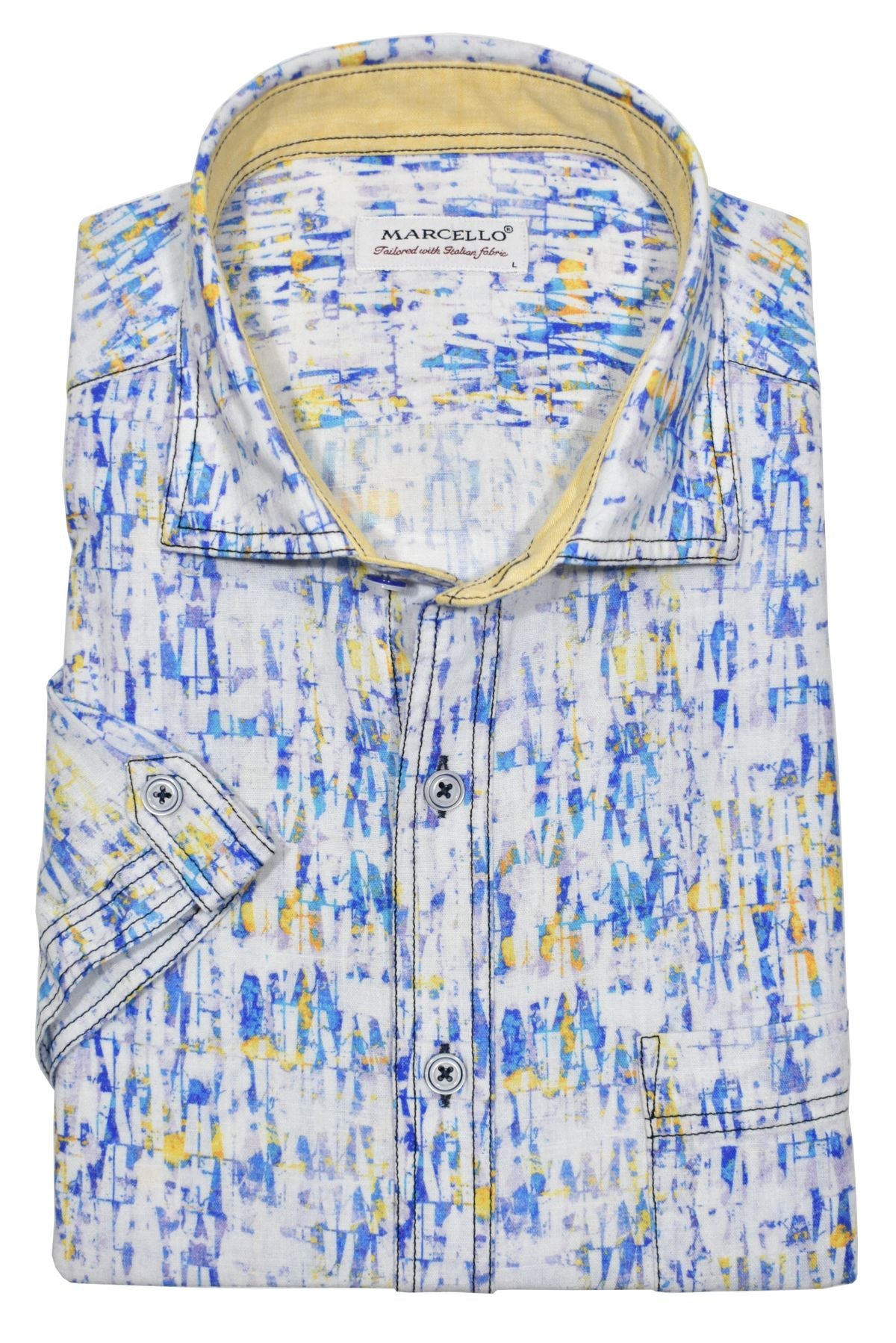 Look effortlessly stylish and sophisticated with this W826S Abstract Cotton Linen Print. Crafted with a blend of soft cotton and linen, it offers the classic linen look without the wrinkling. Featuring an abstract blue and maize pattern, it's finished with custom buttons, trim fabric and a soft trend collar for an elegant touch. Cotton linen shirt by Marcello.
