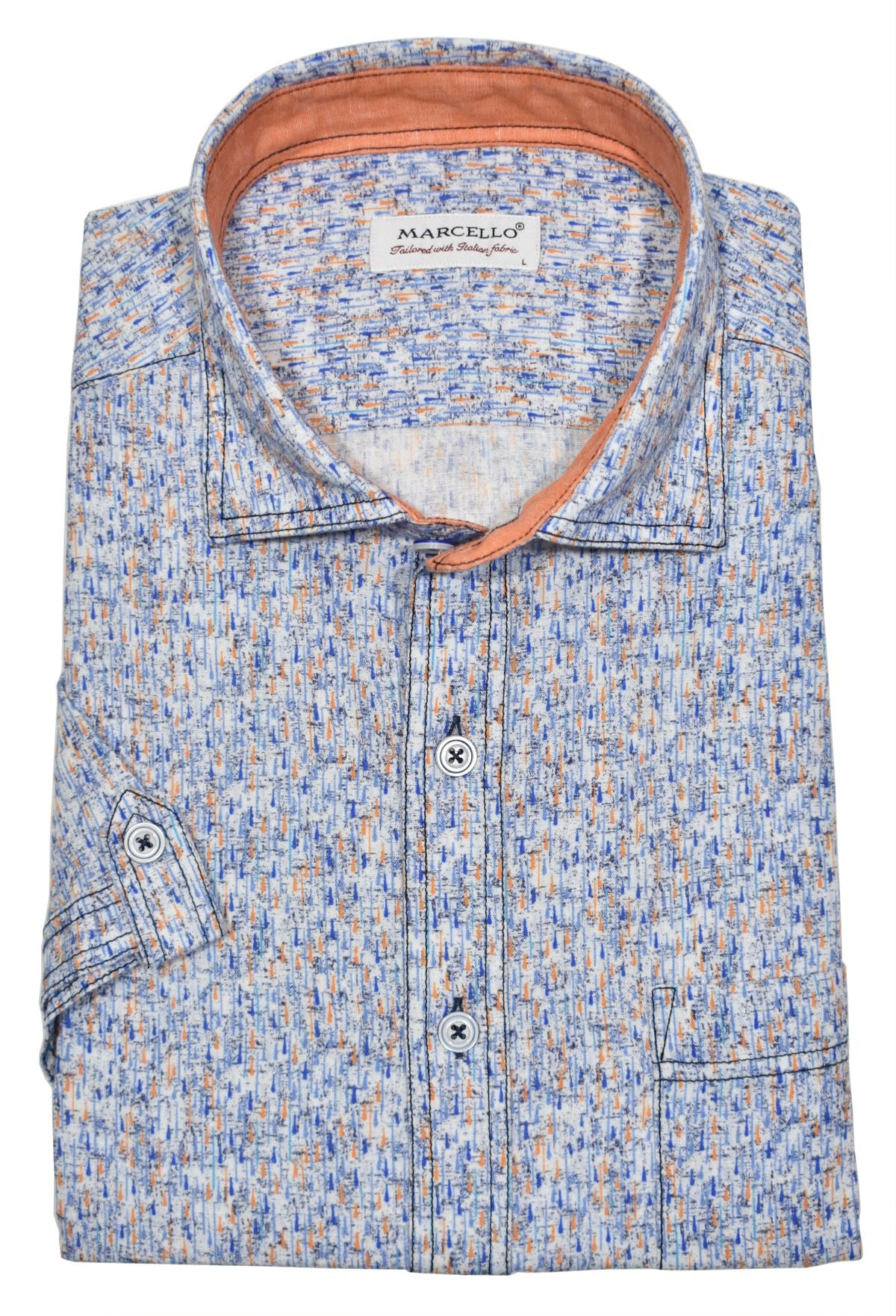 Look effortlessly stylish and sophisticated with this W827S Brushed Abstract Cotton Linen Print. Crafted with a blend of soft cotton and linen, it offers the classic linen look without the wrinkling. Featuring an abstract mango, navy and hint of sky blue pattern, it's finished with custom buttons, trim fabric and a soft trend collar for an elegant touch. Cotton linen shirt by Marcello.