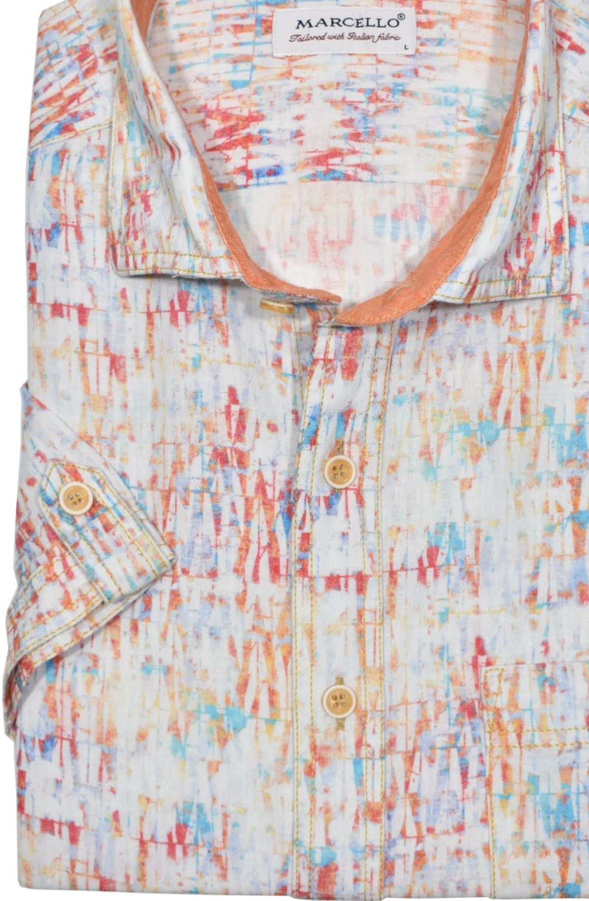 Look effortlessly stylish and sophisticated with this W829S Mango Abstract Cotton Linen Print. Crafted with a blend of soft cotton and linen, it offers the classic linen look without the wrinkling. Featuring an abstract mango, red and hint of aqua pattern, it's finished with custom buttons, trim fabric and a soft trend collar for an elegant touch. Cotton linen shirt by Marcello.