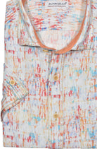 Look effortlessly stylish and sophisticated with this W829S Mango Abstract Cotton Linen Print. Crafted with a blend of soft cotton and linen, it offers the classic linen look without the wrinkling. Featuring an abstract mango, red and hint of aqua pattern, it's finished with custom buttons, trim fabric and a soft trend collar for an elegant touch. Cotton linen shirt by Marcello.