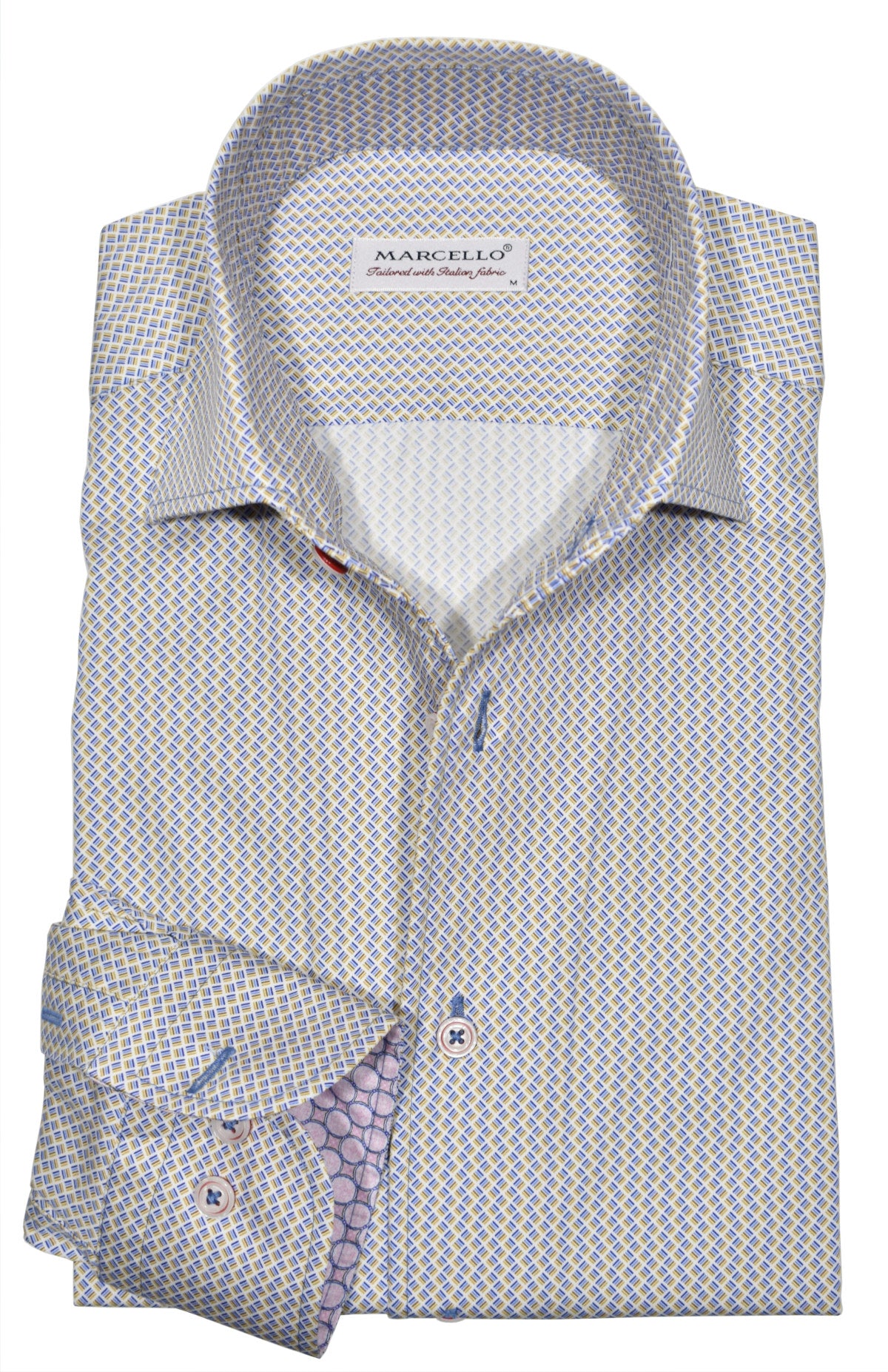 The Marcello exclusive design is like no other, creating a dignified look with a collar that stands perfectly whether worn alone or under a sport coat. Its unique placket ensures a smooth, crisp appearance.  Luxurious cotton fabric. Dashed diamond pattern in blue, maize and gold tones. Style W853R