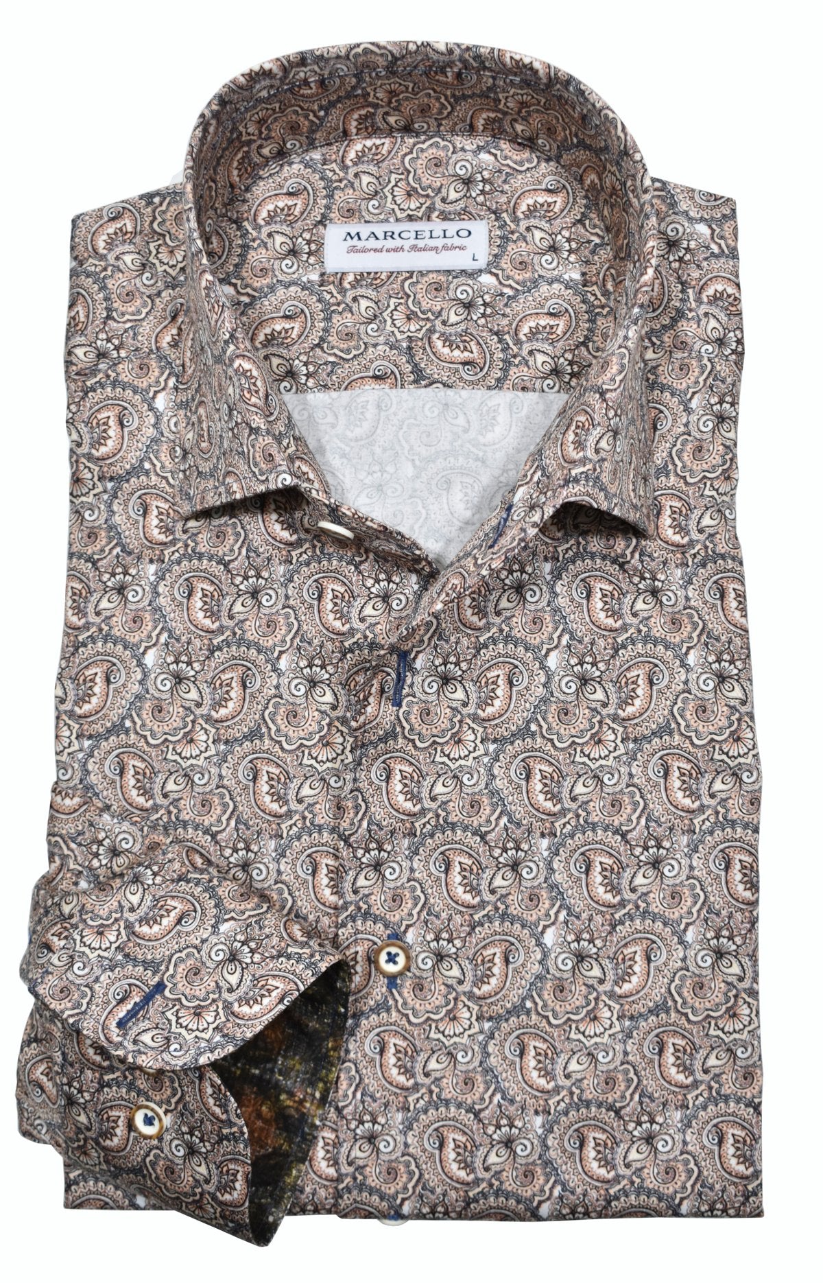 Elevate your style with the Marcello Tan Paisley Roll Collar. Our exclusive one piece roll collar provides a polished look, whether worn alone or under a sport coat. In soft shades of tan, mocha, and gray, this paisley pattern adds a touch of sophistication to any outfit.