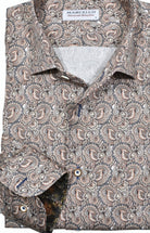 Elevate your style with the Marcello Tan Paisley Roll Collar. Our exclusive one piece roll collar provides a polished look, whether worn alone or under a sport coat. In soft shades of tan, mocha, and gray, this paisley pattern adds a touch of sophistication to any outfit.