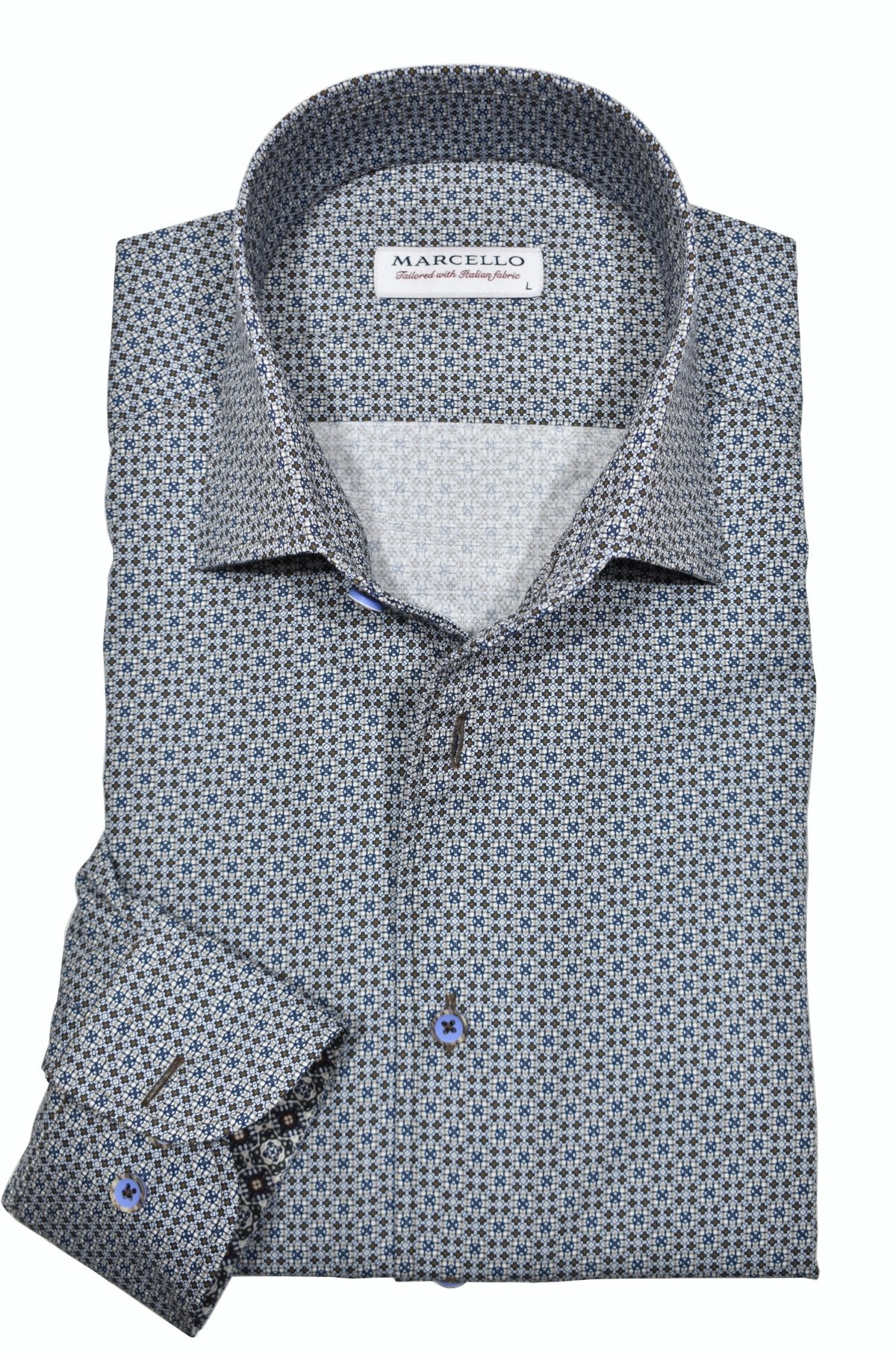 Elevate your style with the fine Sanibel Roll Collar sport shirt. The Marcello one piece roll collar adds a touch of sophistication, while the neat pattern in rich chocolate, ivory, and navy offers a versatile and dressy look. Perfect for wearing alone or under a sport coat, this shirt pairs effortlessly with any colored pants or jeans.
