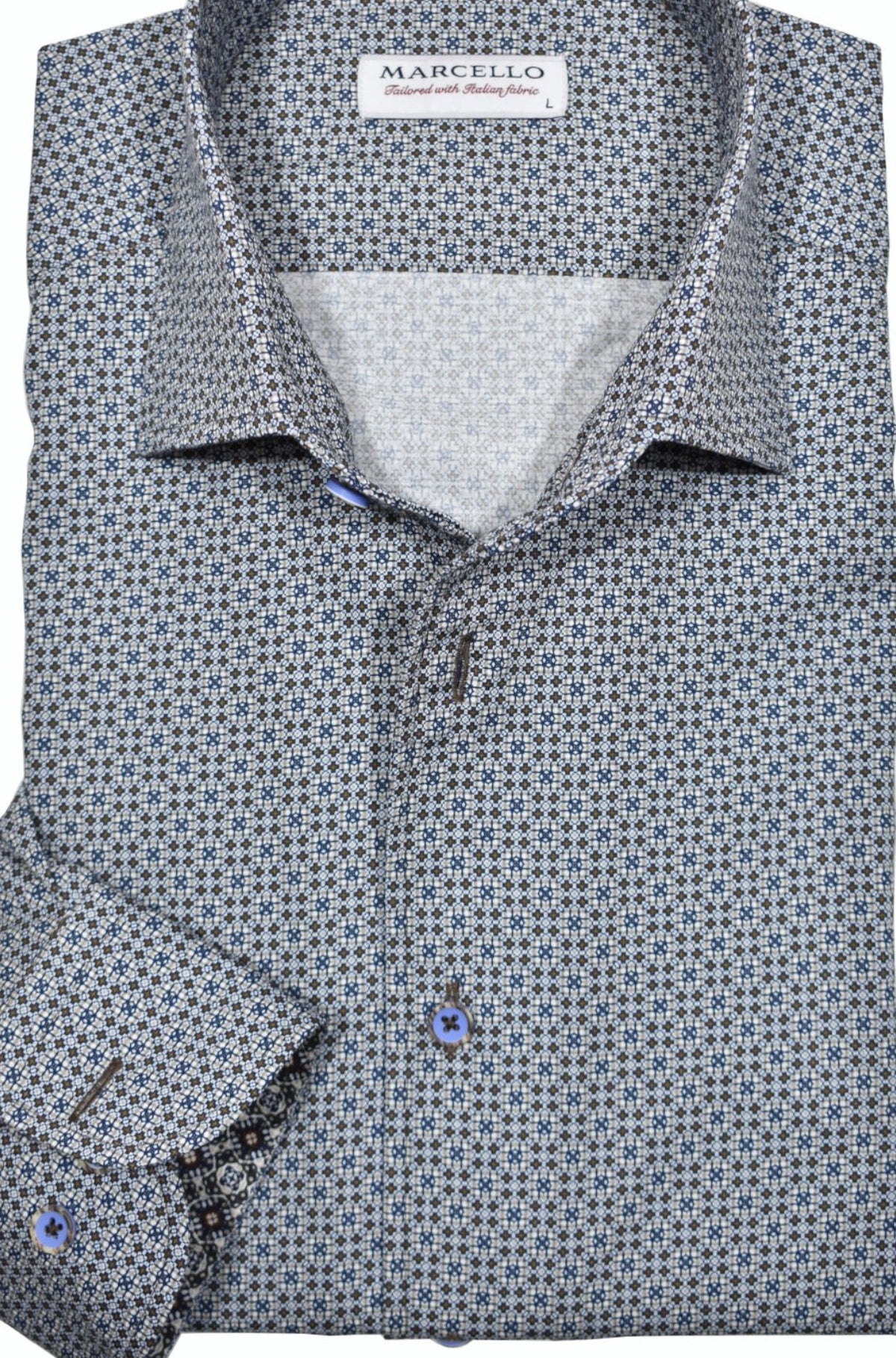 Elevate your style with the fine Sanibel Roll Collar sport shirt. The Marcello one piece roll collar adds a touch of sophistication, while the neat pattern in rich chocolate, ivory, and navy offers a versatile and dressy look. Perfect for wearing alone or under a sport coat, this shirt pairs effortlessly with any colored pants or jeans.