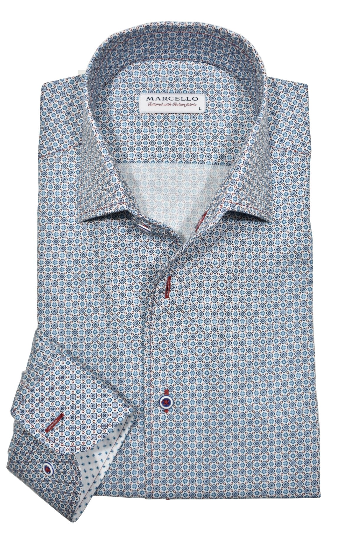 Elevate your look with the Marcello Palma Roll Collar. The Marcello one piece roll collar creates a sleek and exclusive image. Perfect alone or under a sport coat, its diamond and star pattern in soft blue and mist with hints of wine and navy add a touch of sophistication to any outfit.